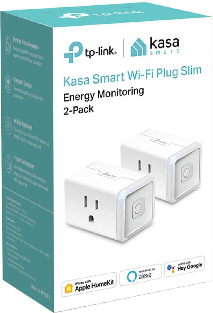 The text on the image reads: "Kasa Smart Wi-Fi Plug Slim 2-Pack - Energy Monitoring - Works with Apple HomeKit and Alexa - Compact Design - White - 1291."