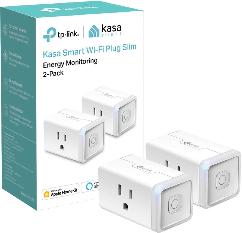 The text on the image reads: "Kasa Smart Wi-Fi Plug Slim Energy Monitoring 2-Pack, Works with Apple HomeKit, White, 2 Pack."
