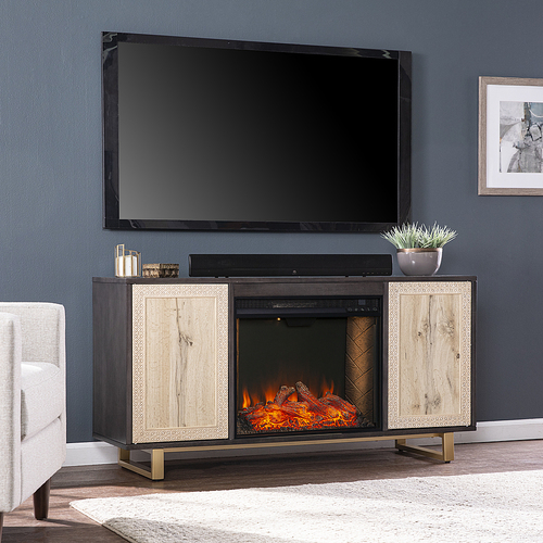 SEI - Wilconia Alexa Smart Media Fireplace w/ Carved Details - Dark brown, natural, and gold finish