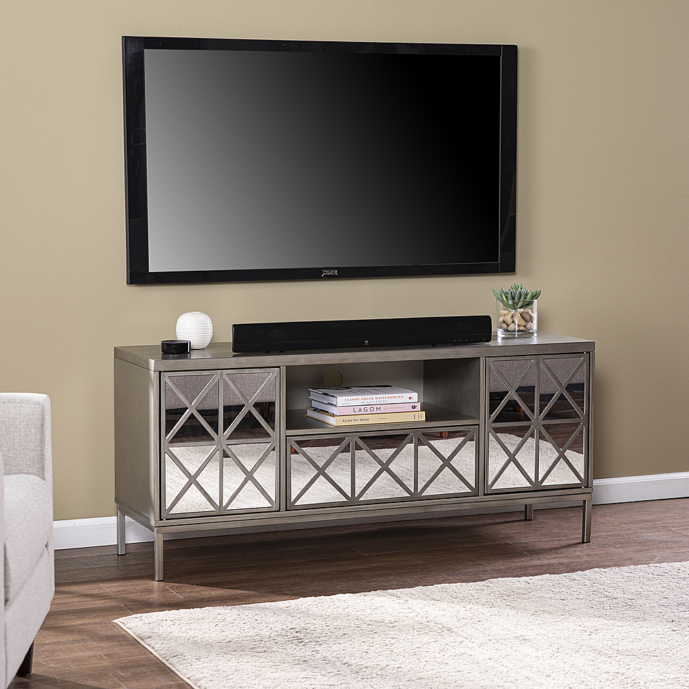 Angle View: SEI Furniture - Downley Storage TV/Media Stand - Silver finish w/ mirror