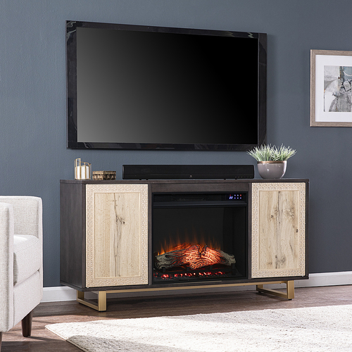 SEI - Wilconia Electric Media Fireplace w/ Carved Details - Dark brown, natural, and gold finish