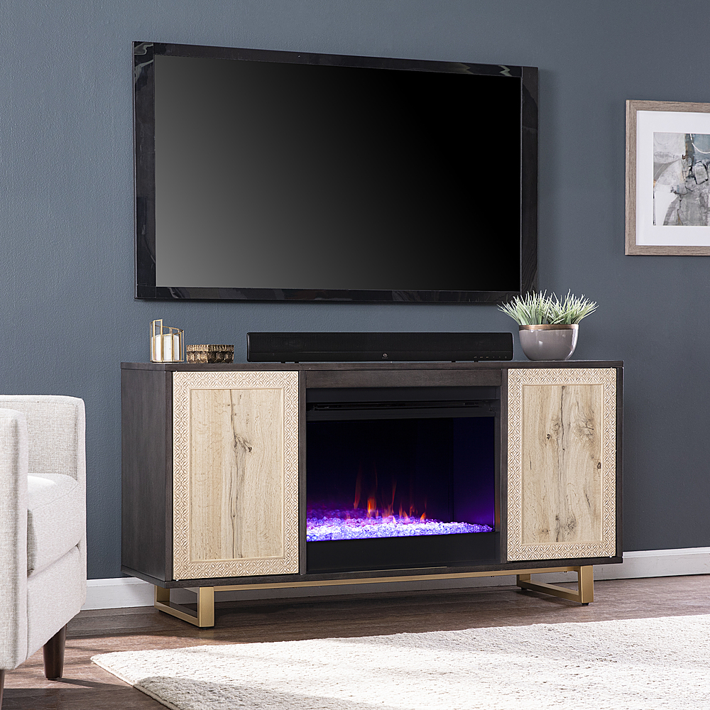 Angle View: SEI Furniture - Wilconia Color Changing Fireplace w/ Media Storage and Carved Details - Dark brown, natural, and gold finish