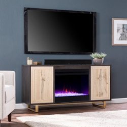 SEI - Wilconia Color Changing Fireplace w/ Media Storage and Carved Details - Dark brown, natural, and gold finish - Angle_Zoom