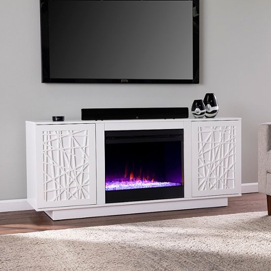 Angle Zoom. SEI - Delgrave Color Changing Fireplace w/ Media Storage - White finish.
