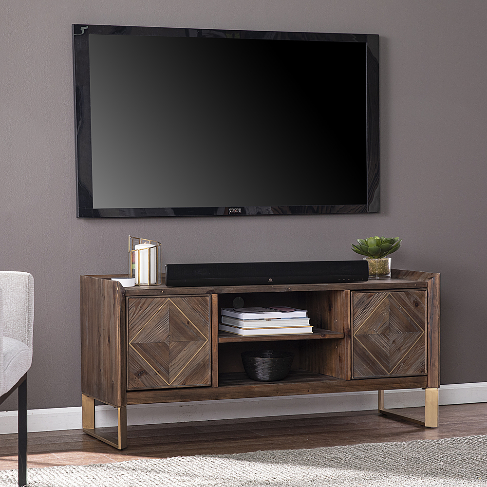 Angle View: SEI Furniture - Astorland Reclaimed Wood Media Console - Reclaimed wood and antique brass finish