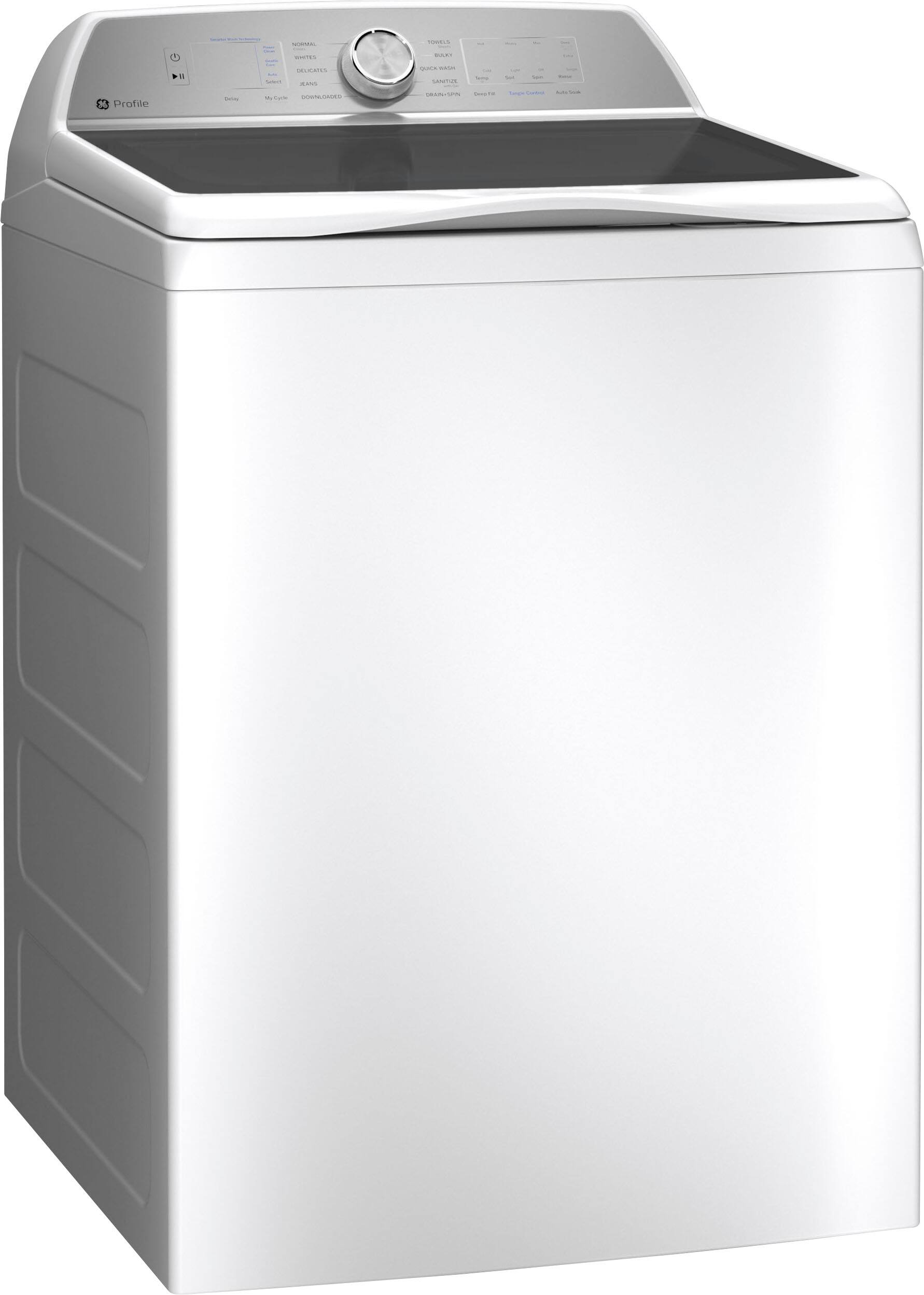 Angle. GE Profile - 5.0 Cu Ft High Efficiency Smart Top Load Washer with Smarter Wash Technology, Easier Reach & Microban Technology - White.