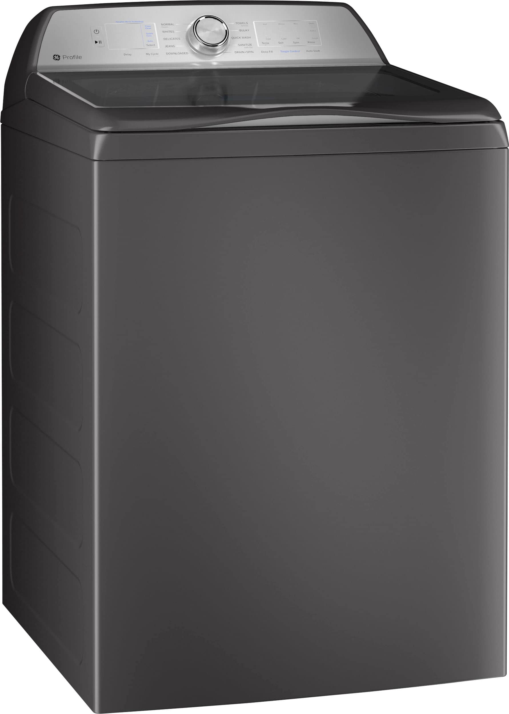Angle. GE Profile - 5.0 Cu Ft High Efficiency Smart Top Load Washer with Smarter Wash Technology, Easier Reach & Microban Technology - Diamond Gray.