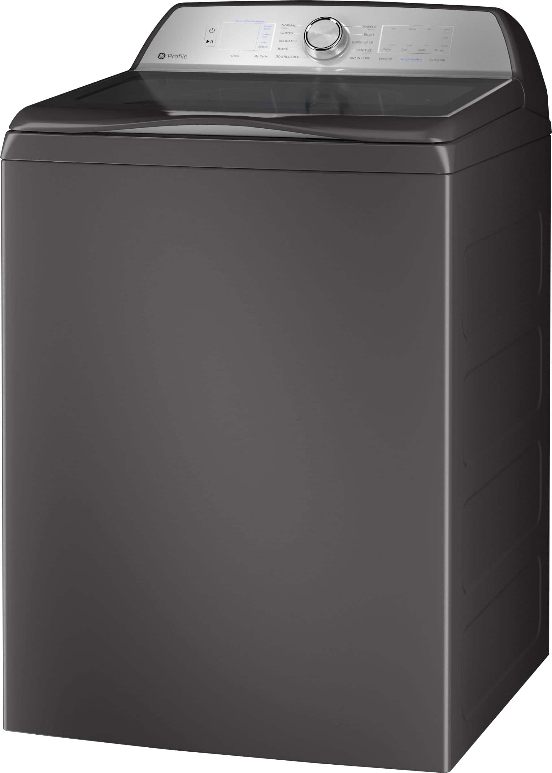 Left. GE Profile - 5.0 Cu Ft High Efficiency Smart Top Load Washer with Smarter Wash Technology, Easier Reach & Microban Technology - Diamond Gray.