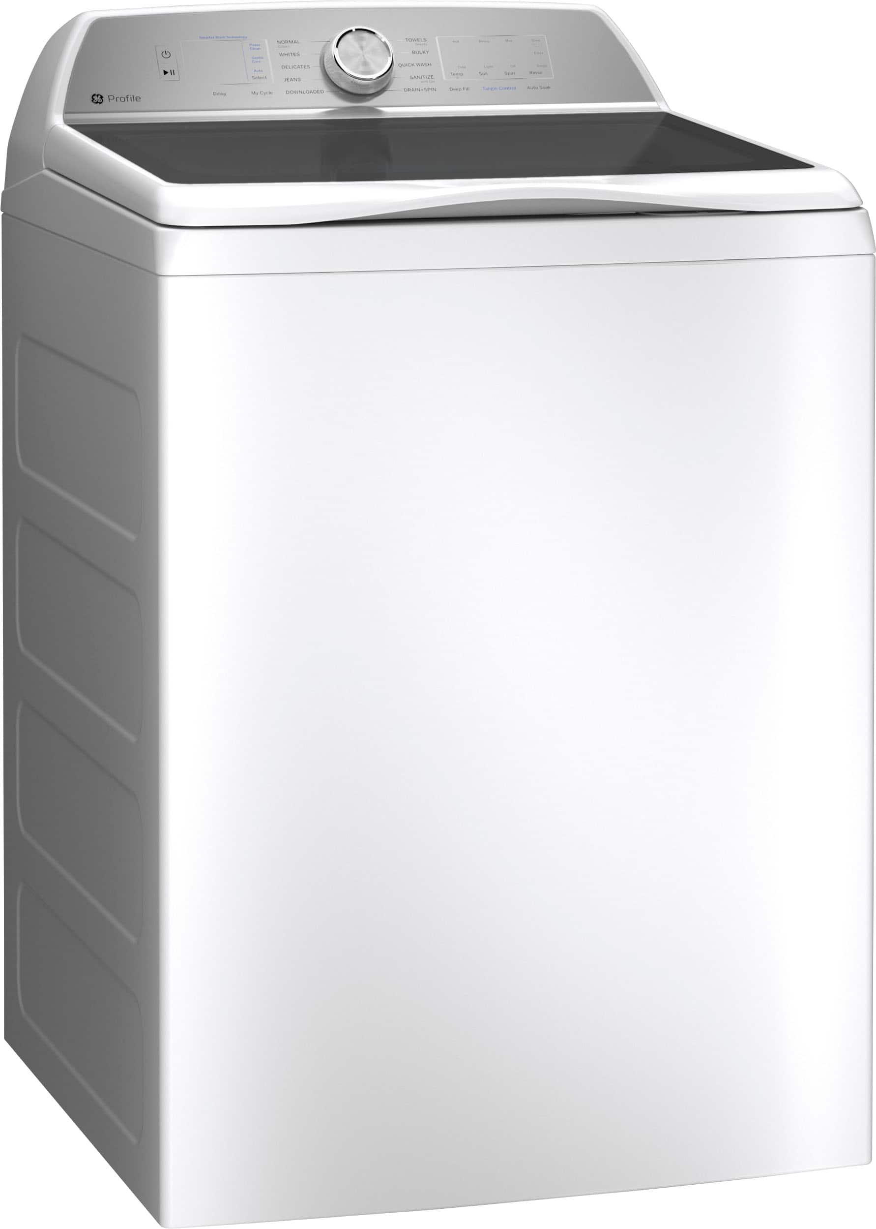 Angle. GE Profile - 4.9 Cu Ft High Efficiency Smart Top Load Washer with Smarter Wash Technology, Easier Reach & Microban Technology - White.