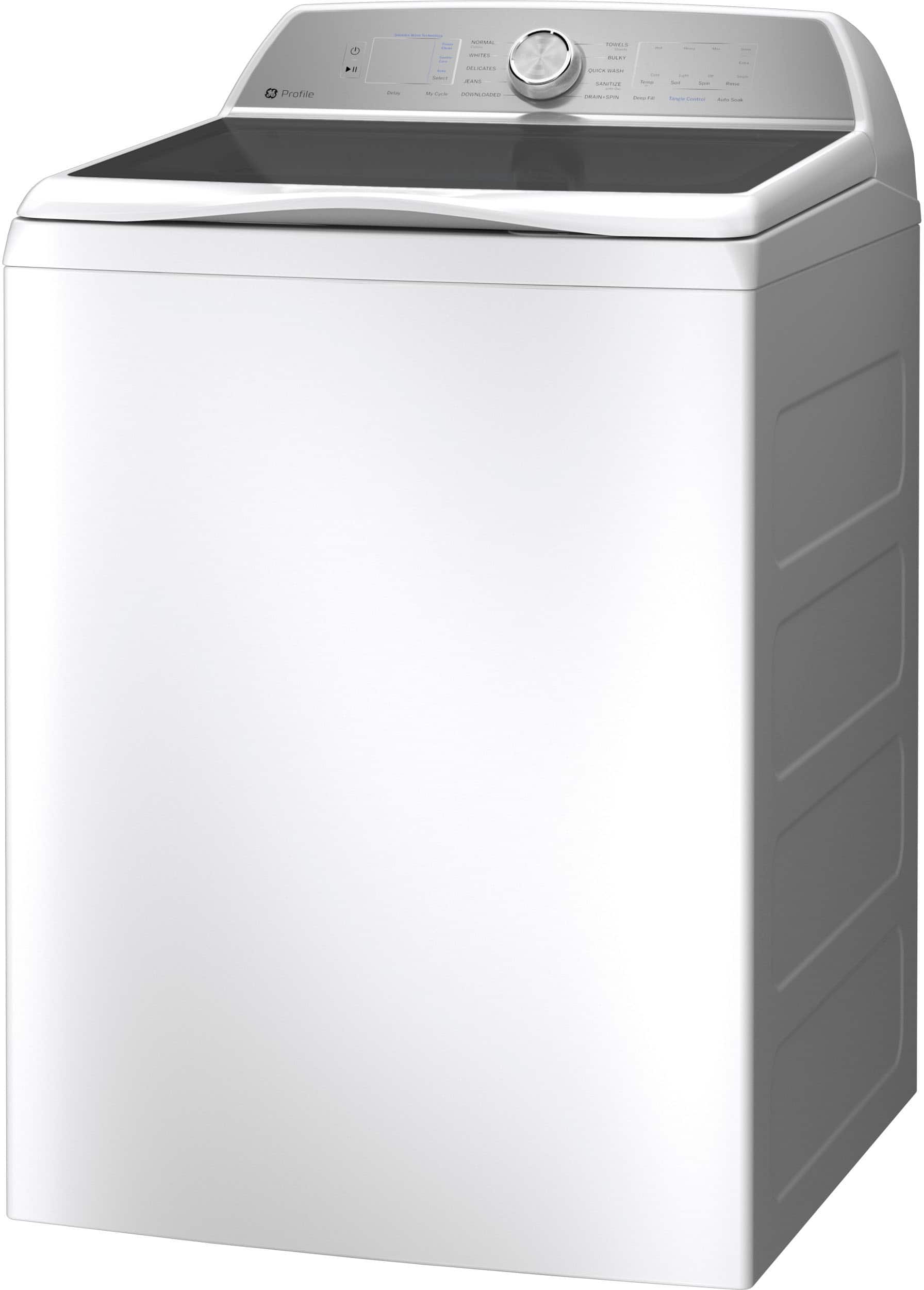 Left. GE Profile - 4.9 Cu Ft High Efficiency Smart Top Load Washer with Smarter Wash Technology, Easier Reach & Microban Technology - White.