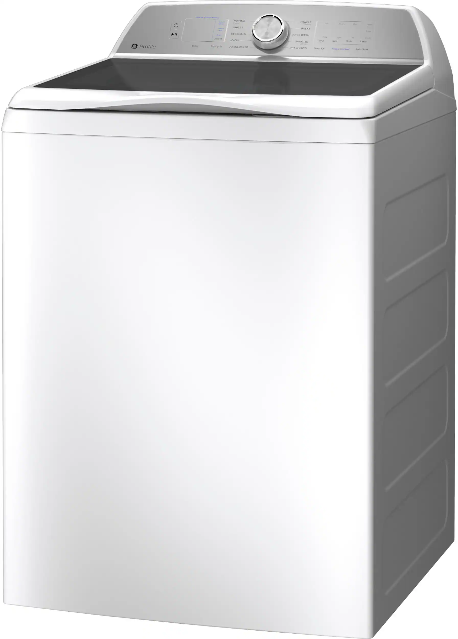 Left. GE Profile - 4.9 Cu Ft High Efficiency Smart Top Load Washer with Smarter Wash Technology, Easier Reach & Microban Technology - White.
