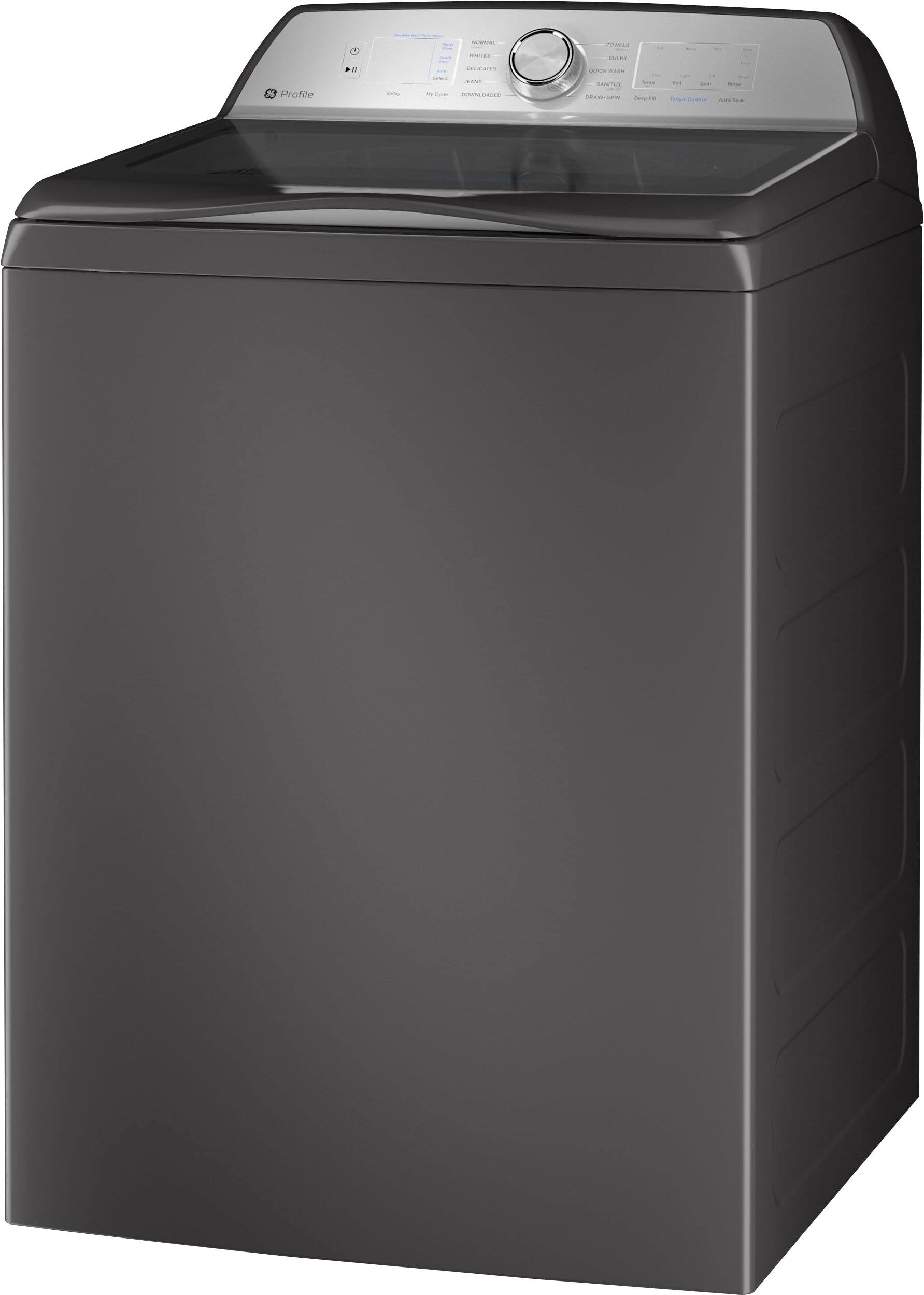Left. GE Profile - 4.9 Cu Ft High Efficiency Smart Top Load Washer with Smarter Wash Technology, Easier Reach & Microban Technology - Diamond Gray.