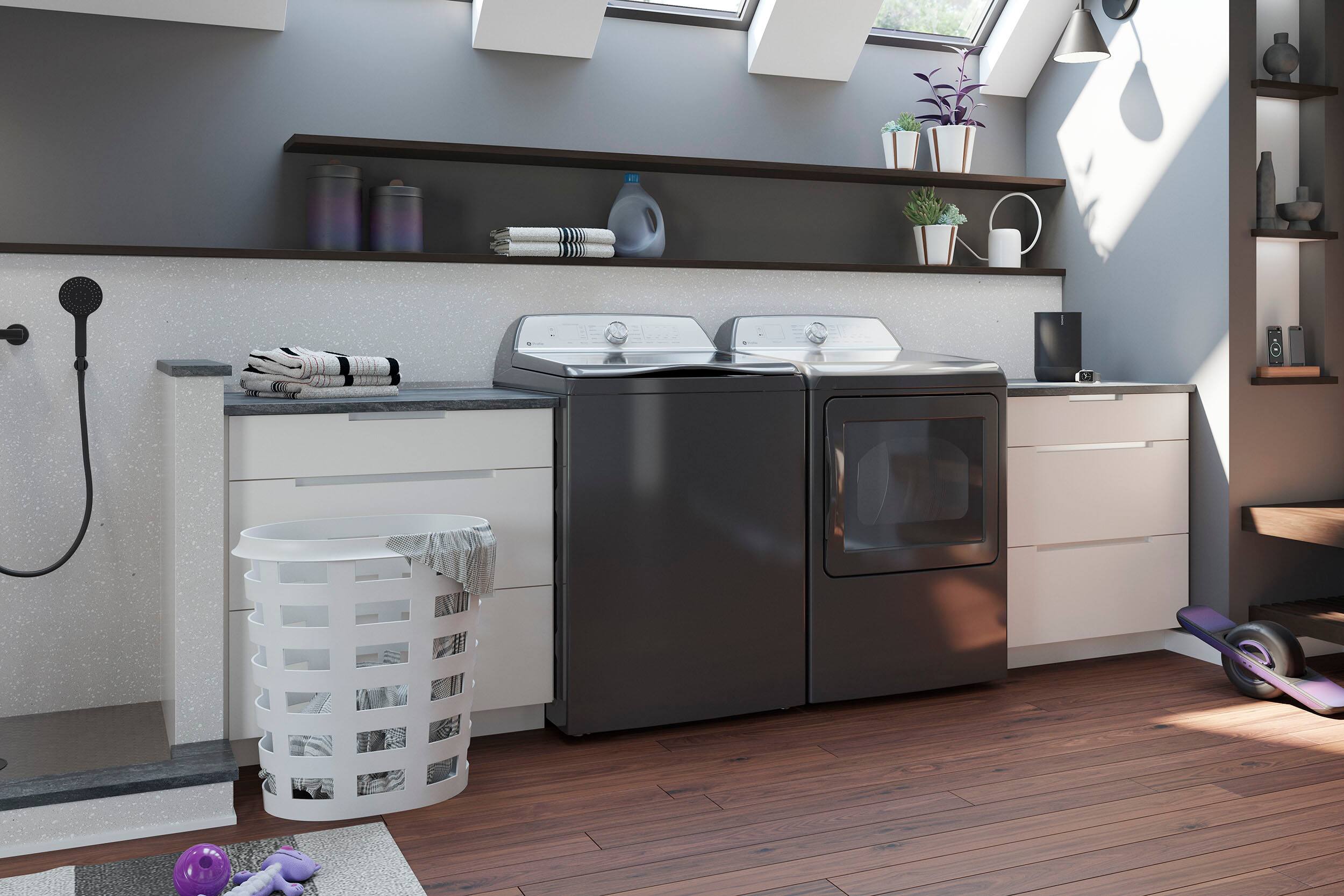 Alt View 14. GE Profile - 7.4 Cu. Ft. Smart Gas Dryer with Sanitize Cycle and Sensor Dry - Diamond Gray.