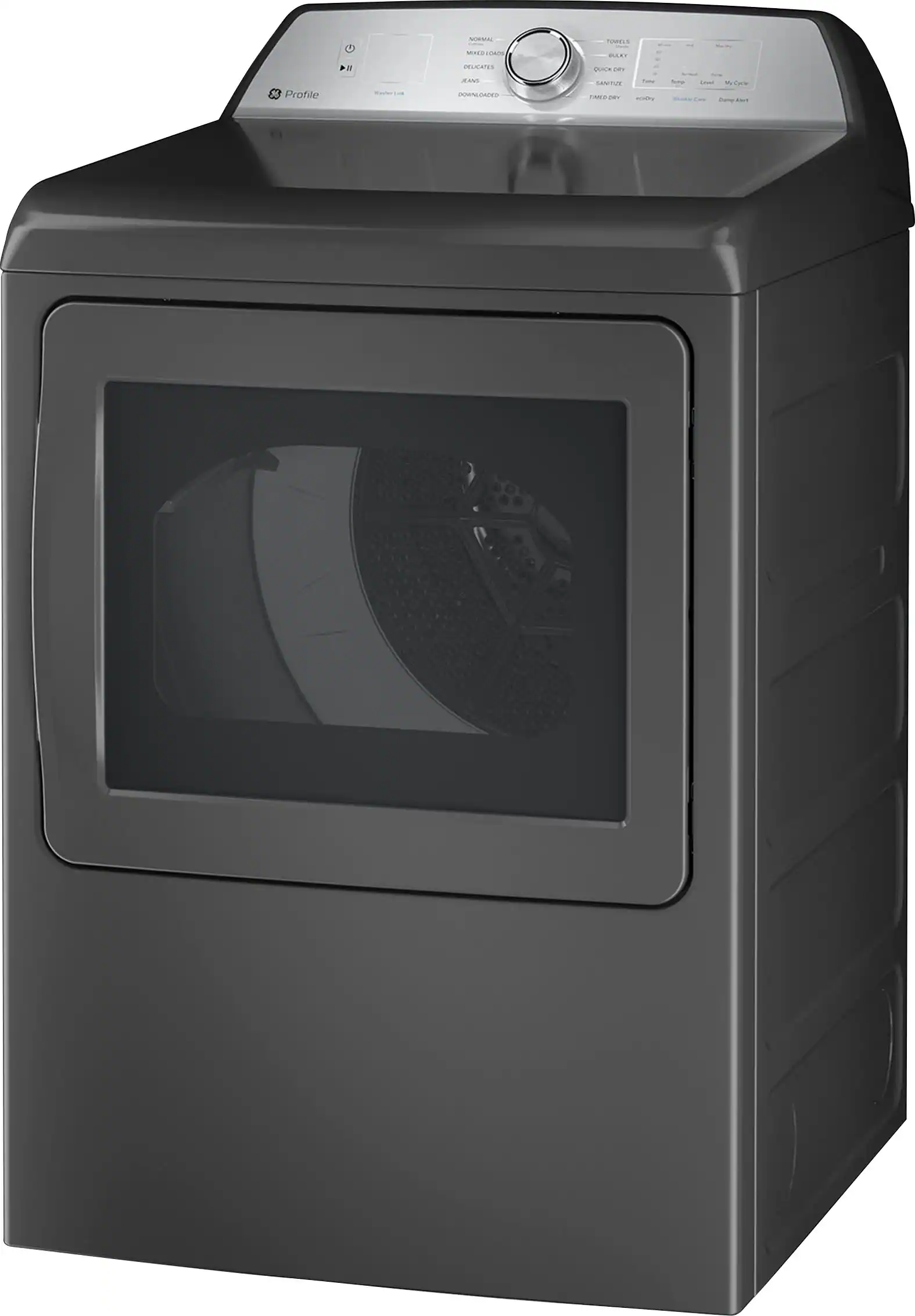Left. GE Profile - 7.4 Cu. Ft. Smart Gas Dryer with Sanitize Cycle and Sensor Dry - Diamond Gray.