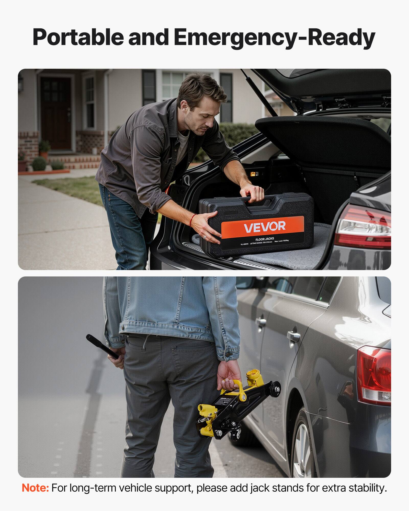Portable and Emergency-Ready VEVOR FLOOR JACKS

Note: For long-term vehicle support, please add jack stands for extra stability.