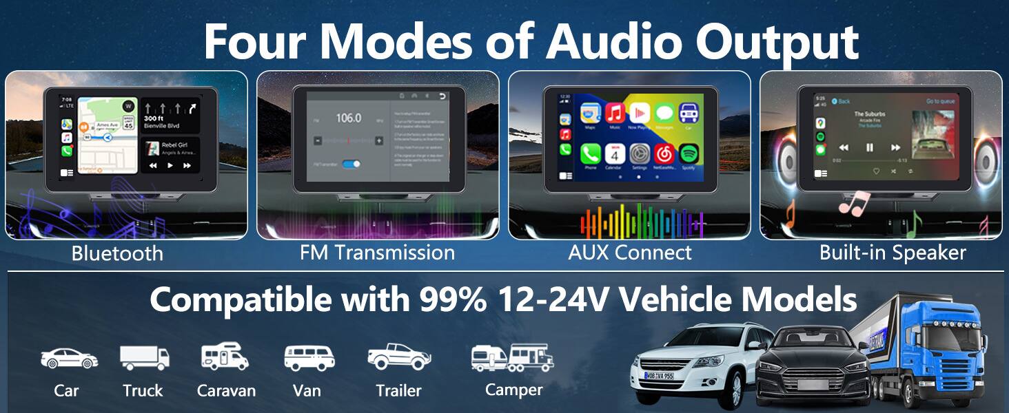 Four Modes of Audio Output

1. Bluetooth
2. FM Transmission
3. AUX Connect
4. Built-in Speaker

Compatible with 99% 12-24V Vehicle Models

- Car
- Truck
- Caravan
- Van
- Trailer
- Camper