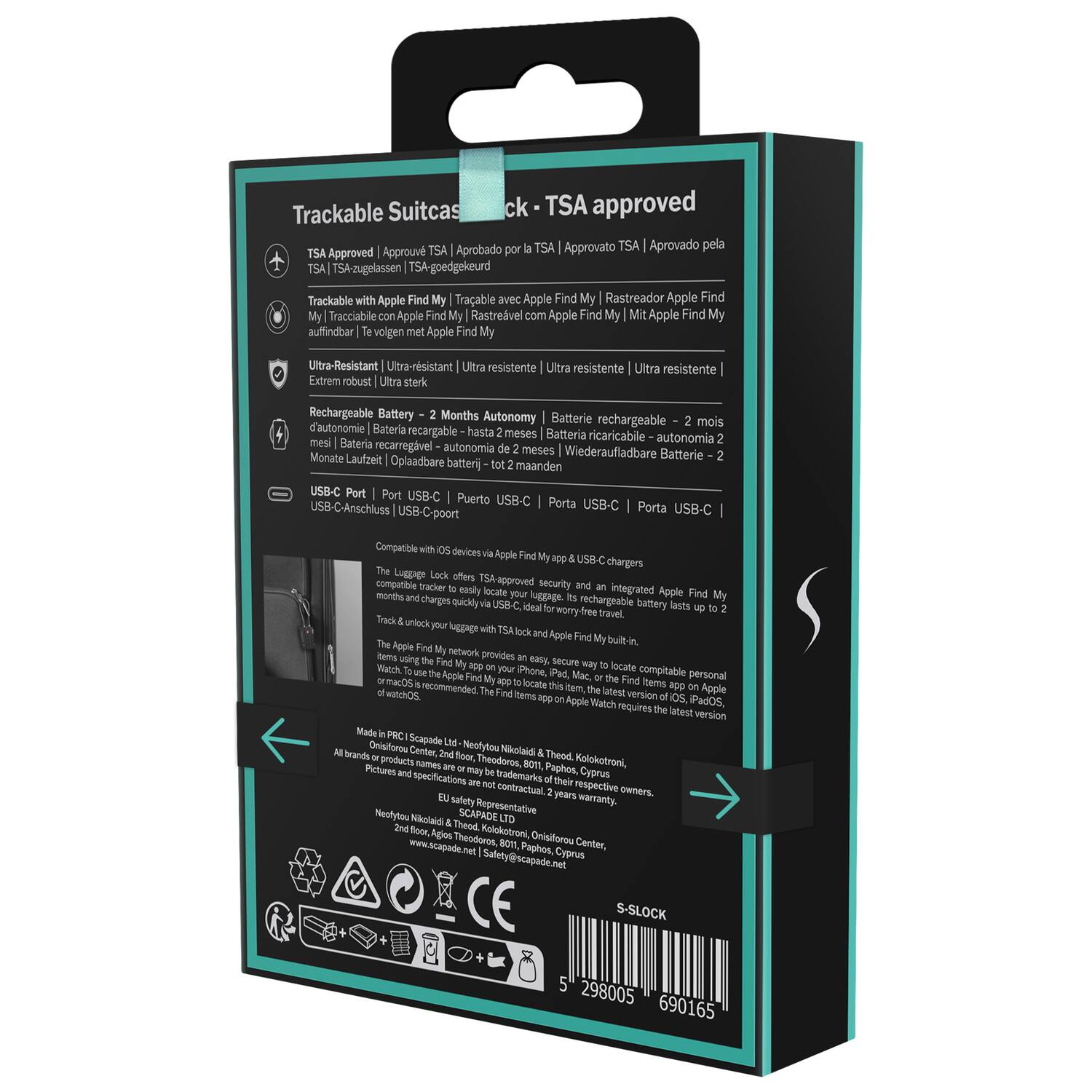 Trackable Suitcase - TSA approved

- TSA Approved | Aprobado TSA | Approvato TSA | Aprovado pela TSA | Approved TSA | TSA-zugelassen | TSA-goedgekeurd | Trackable with Apple Find My | Trackable avec Apple Find My | Rastreador Apple Find My | Tracciabile Apple Find My | Rastrevel com Apple Find My | Apple Find My auffindbar | voigen Apple Find My
- Ultra-Resistant | Ultra-résistant | Ultra resistente | Ultra resistente | Extrem robust | Ultra sterk
- Rechargeable Battery - 2 Months Autonomy | Batterie rechargeable - 2 mois | Bateria recargable hasta 2 meses | Batteria ricaricabile autonomia 2 mesi | Wiederaufladbare Batterie - 2 Monate | Lautzeit - 2 Monate | Oplaadbare batterij maanden | Bateria recarregível autonomia 2 meses
- USB-C Port | Port USB-C | Puerto USB-C | Porta USB-C | USB-C-Anschluss | USB-C-poort
- Compatible devices | Apple USB-C chargers

The Luggage Lock offers
