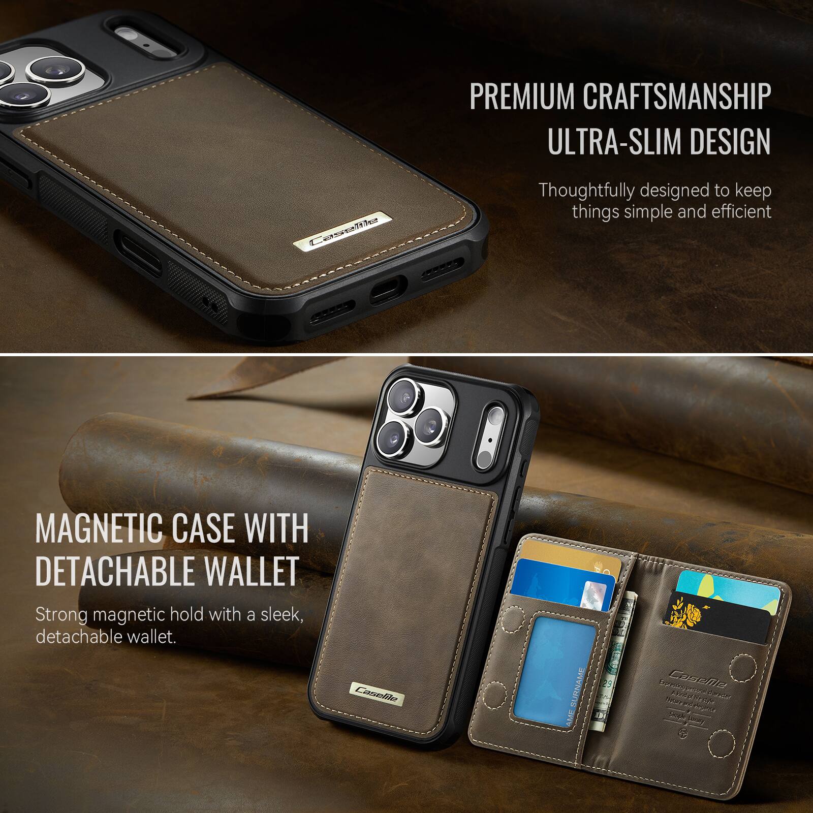 PREMIUM CRAFTSMANSHIP  
ULTRA-SLIM DESIGN  
1.1c  
Thoughtfully designed to keep things simple and efficient  

MAGNETIC CASE WITH DETACHABLE WALLET  
Strong magnetic hold with a sleek, detachable wallet.  

Laselilo  
So BURNAME 25 aVe D aand Coscilly R PN 2 Toncar