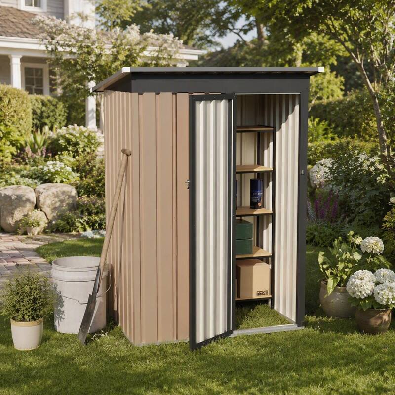 Angle. RYHNUYNE - 5 x 3 FT Metal Garden Shed,Outdoor Storage Shed with Hinged Door for Backyard Patio Lawn - Black+Brown.