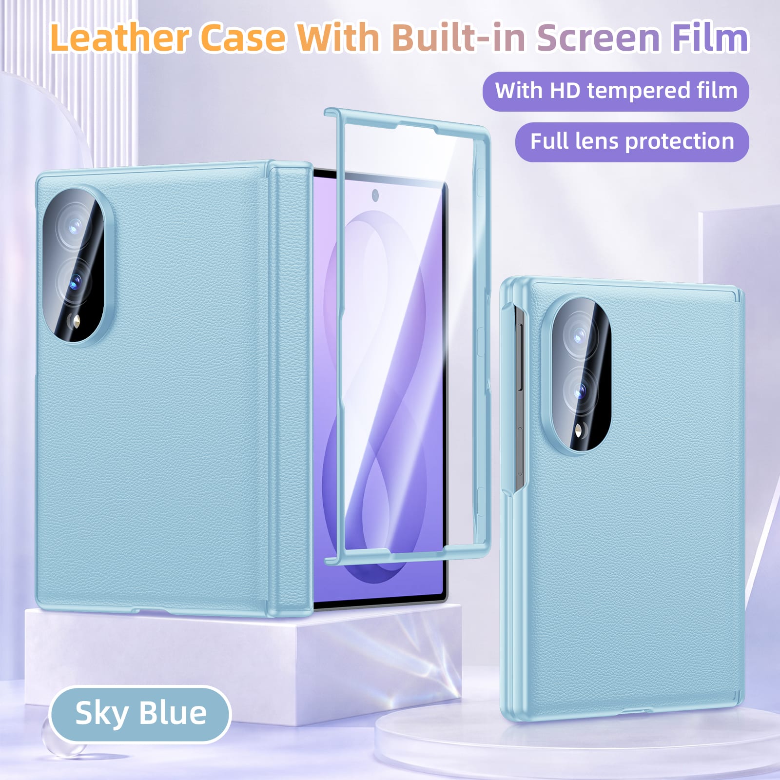 Dteck - Shockproof Leather Texture Hinge Cover For Samsung Galaxy Z Fold8 Case Built-in Screen Protector + Lens Film - Blue(Clear Film) price history on PriceWatchPro