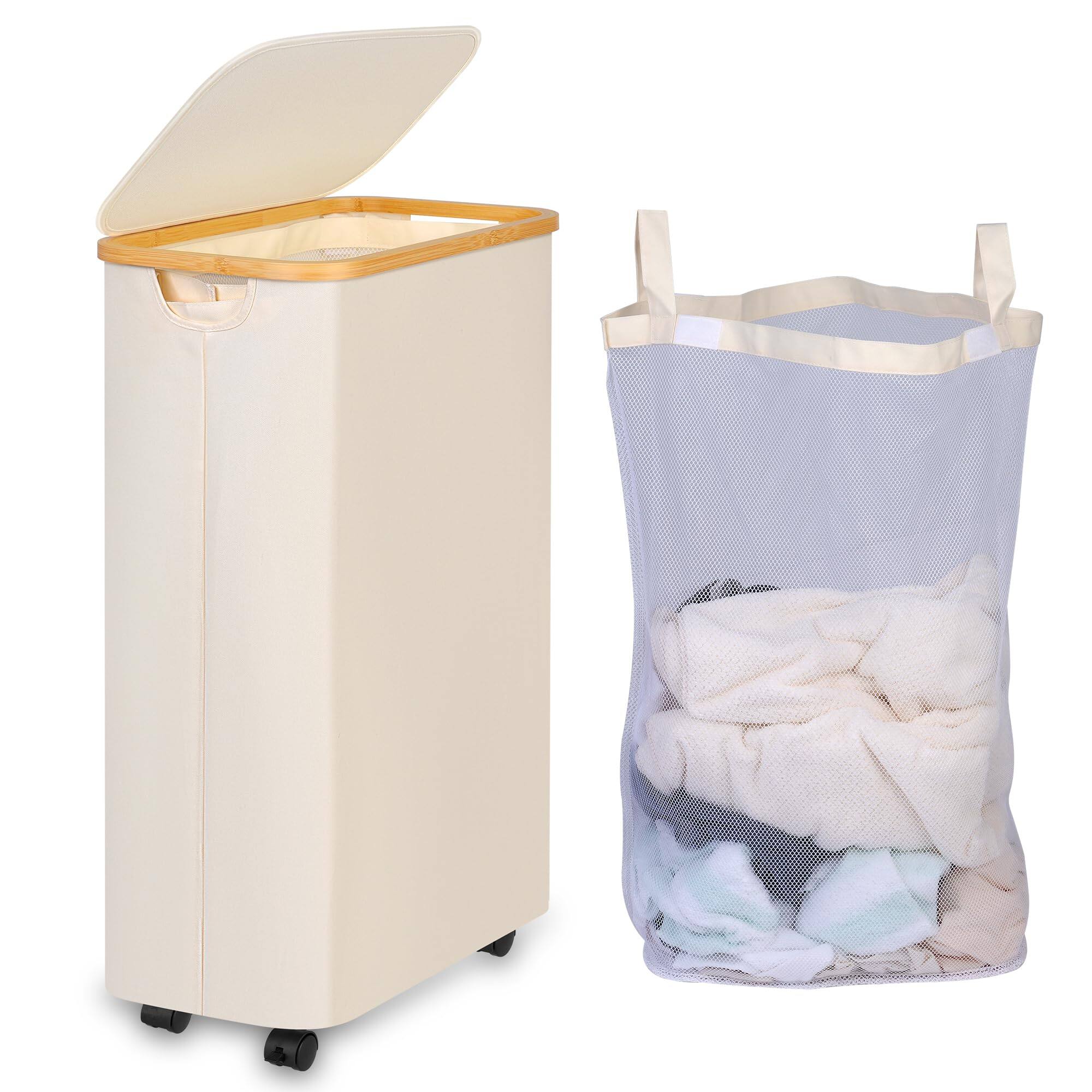 Front. JETRANSPORT - Lagre Laundry Basket With Wheels Hamper Lid 160l Clothes For 3 Liner Bags Room Bedroom Dormitory Organization - Beige 75L.
