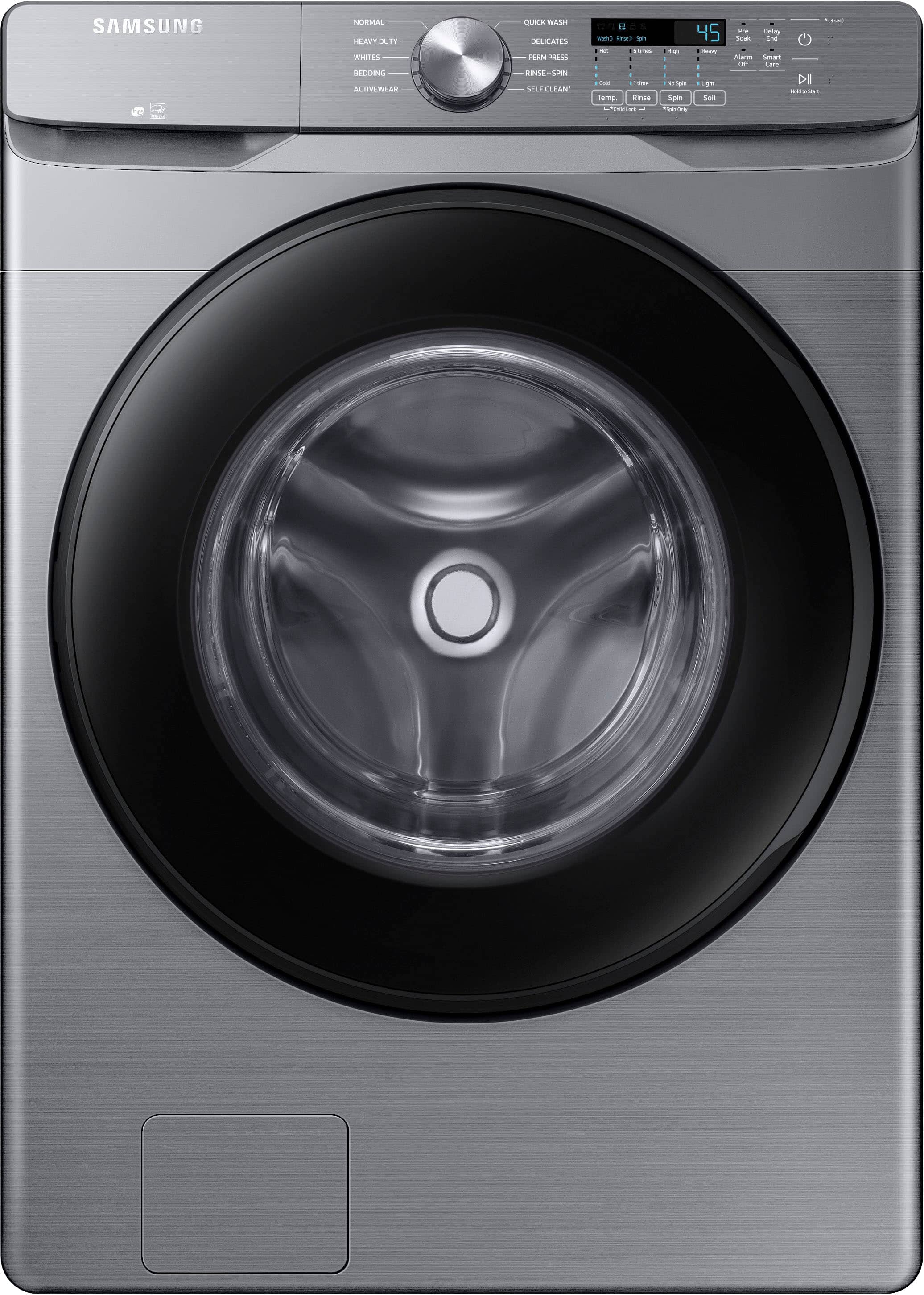 Front. Samsung - 4.5 Cu. Ft. High-Efficiency Stackable Smart Front Load Washer with Vibration Reduction Technology+ - Platinum.