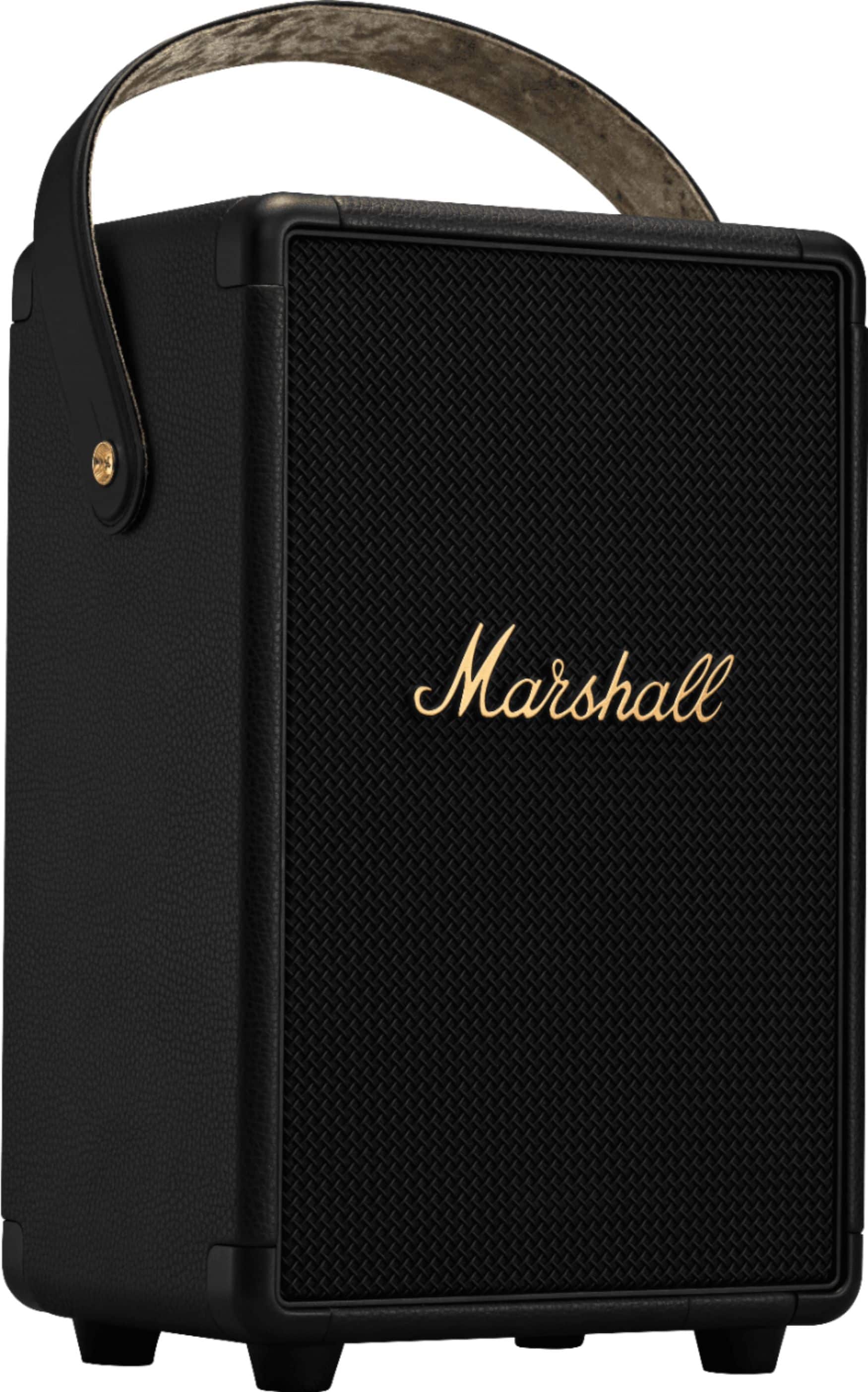 Angle. Marshall - Tufton Portable Wireless Bluetooth Speaker with Bass / Treble / Volume Controls and 3.5 mm Auxiliary Input - Black and Brass.