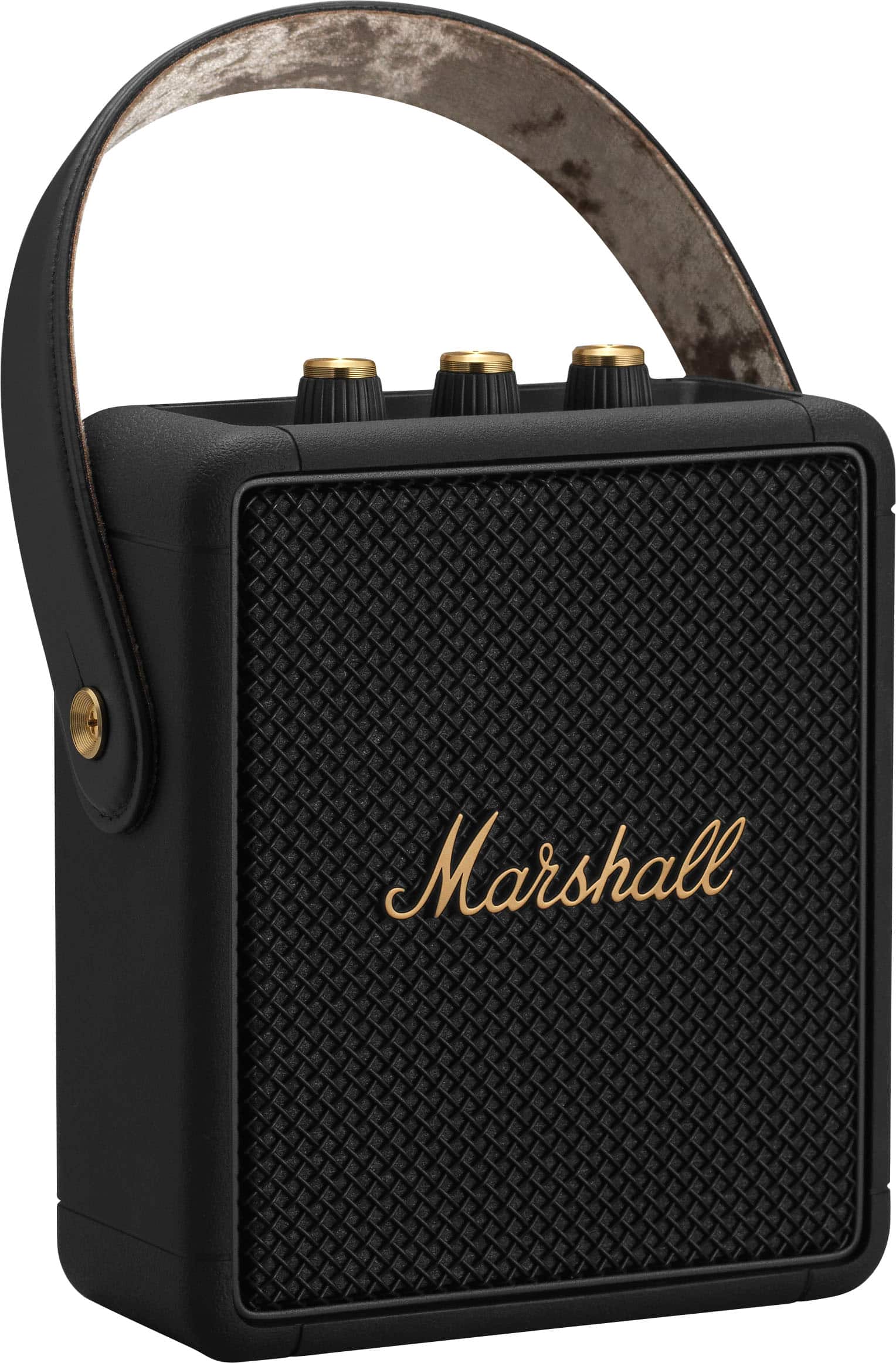 Angle. Marshall - Stockwell II Portable Wireless Bluetooth Speaker with Bass / Treble / Volume Controls and 3.5 mm Auxiliary Input - Black and Brass.