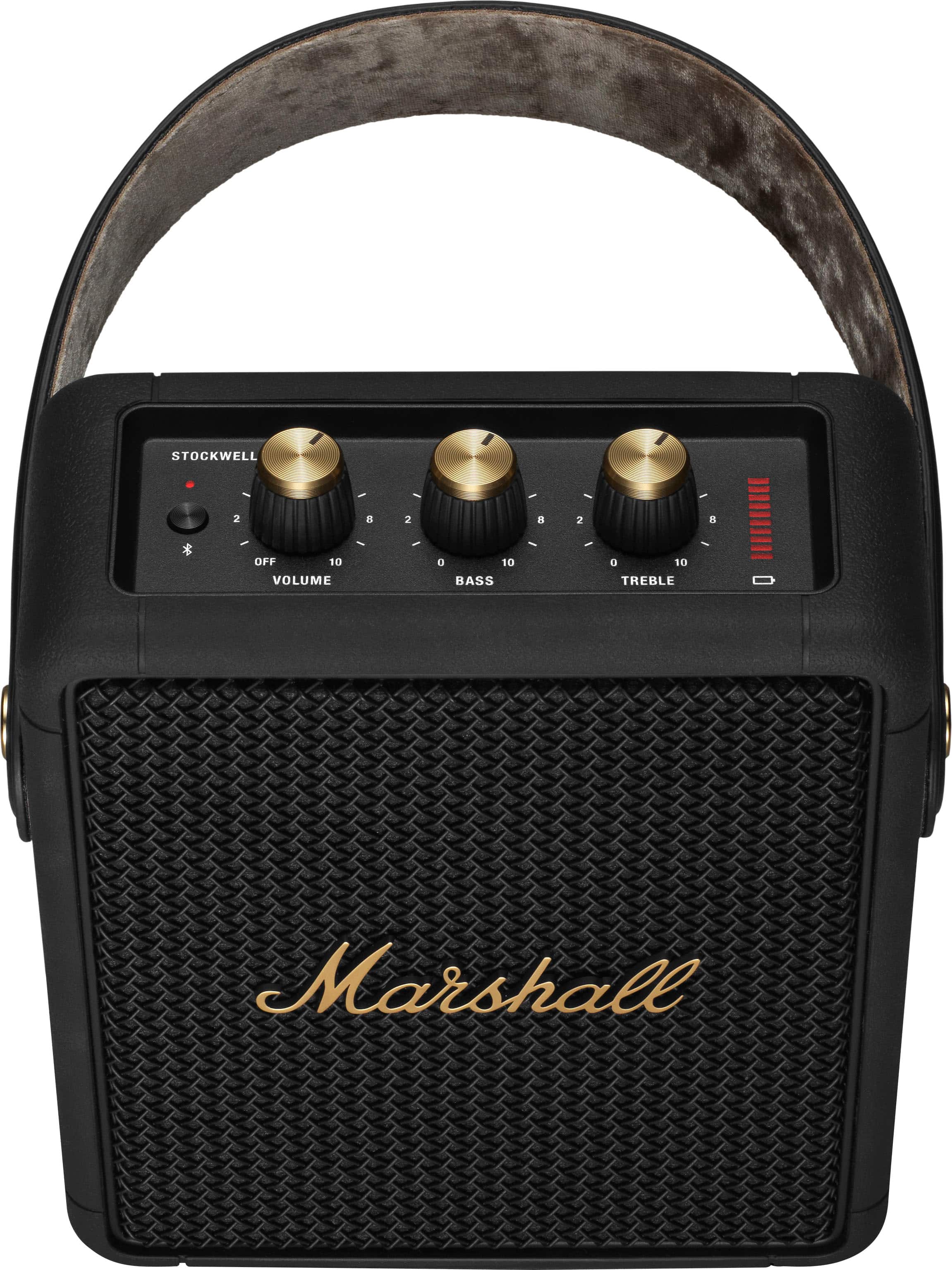 Marshall is a brand of audio equipment, specifically amplifiers and speakers, known for their distinctive design and sound quality. The image features a Marshall speaker, which is a small black box with a handle on top. The speaker has a volume control knob and a bass and treble control knob, allowing users to adjust the sound according to their preferences. The speaker is designed for portability and easy handling, making it a popular choice for musicians and audio enthusiasts.