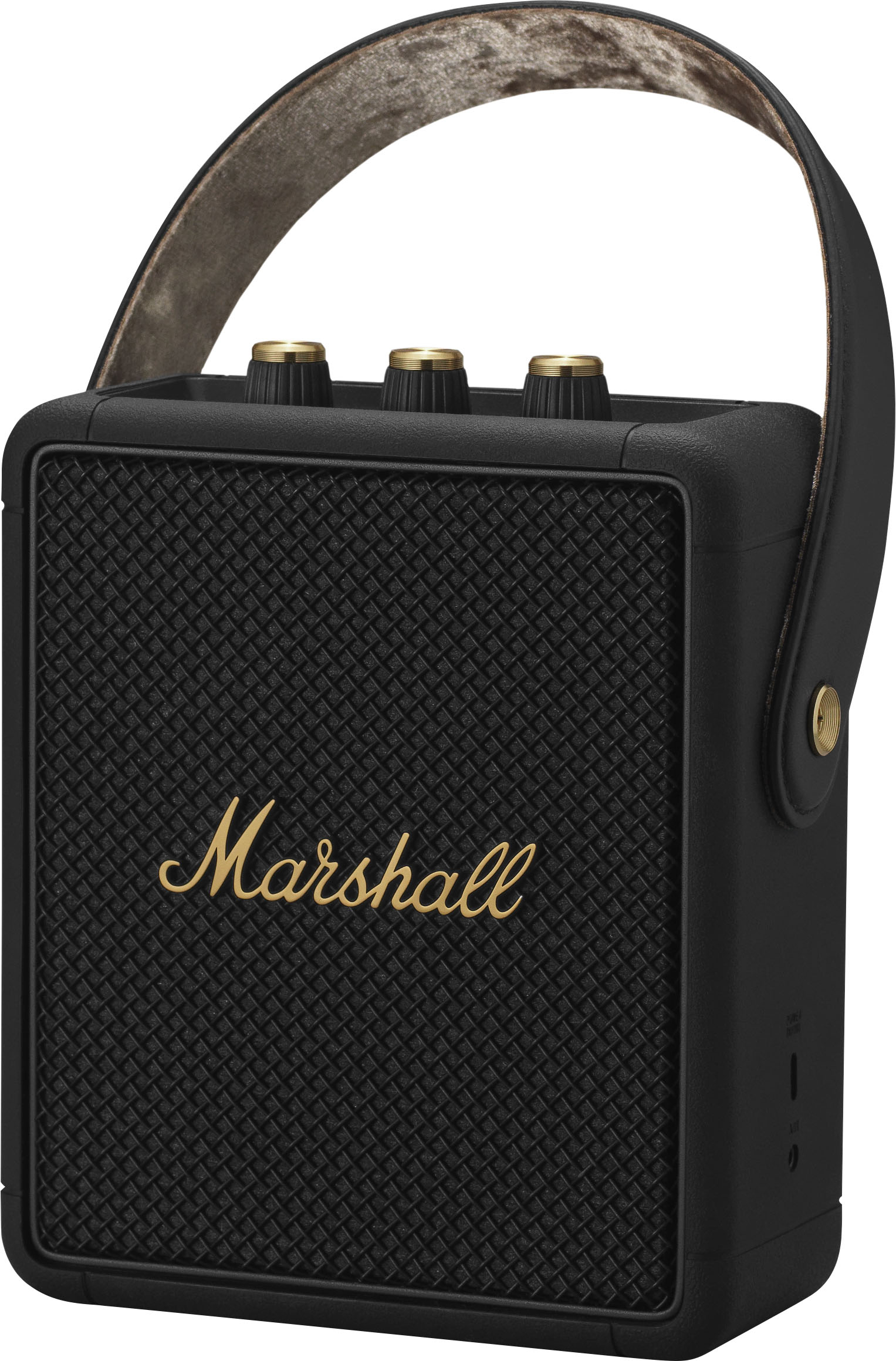 Left. Marshall - Stockwell II Portable Wireless Bluetooth Speaker with Bass / Treble / Volume Controls and 3.5 mm Auxiliary Input - Black and Brass.