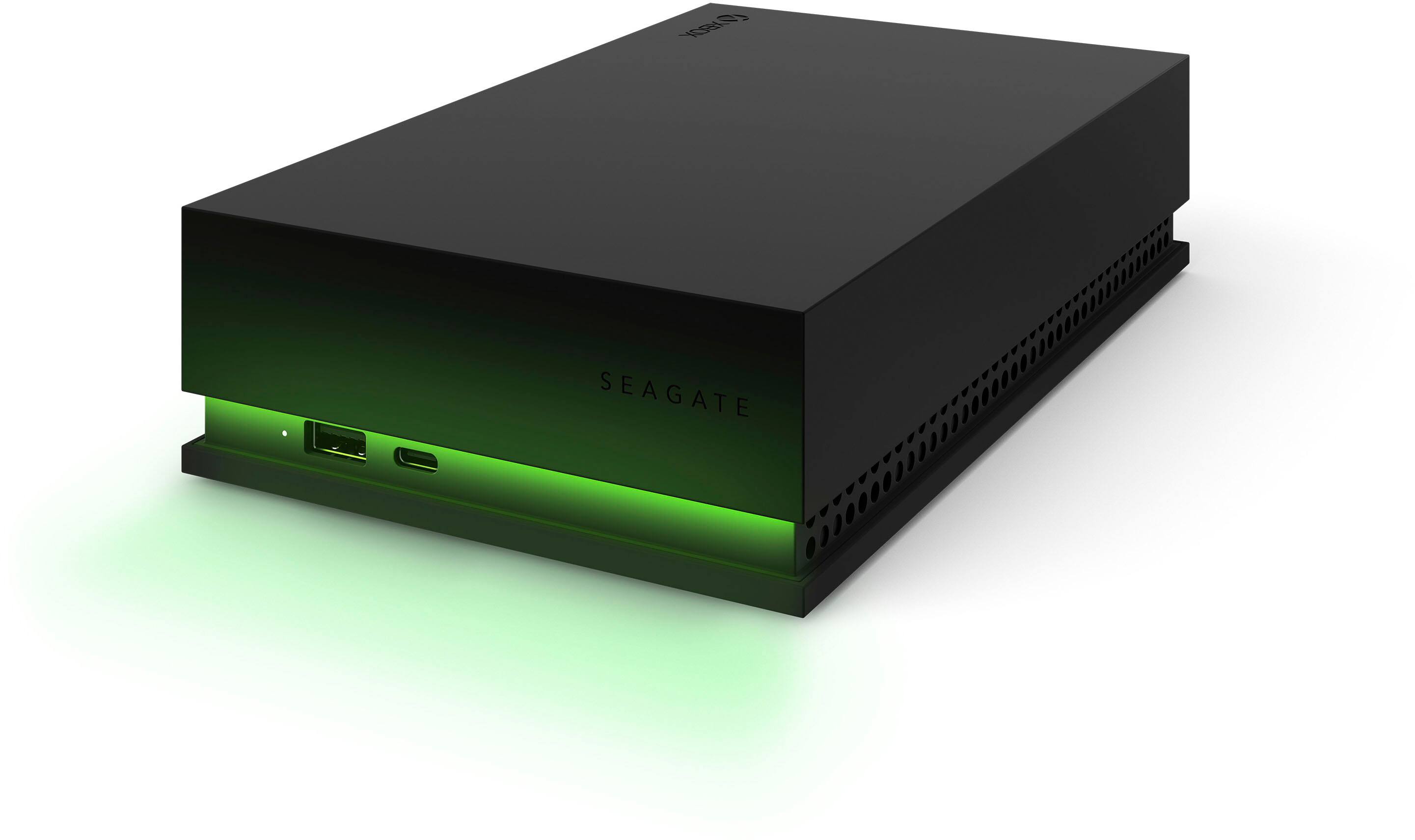 Left. Seagate - Game Drive for Xbox 8TB External USB 3.2 Gen 1 Desktop Hard Drive with Certified Xbox Green LED Lighting - Black.