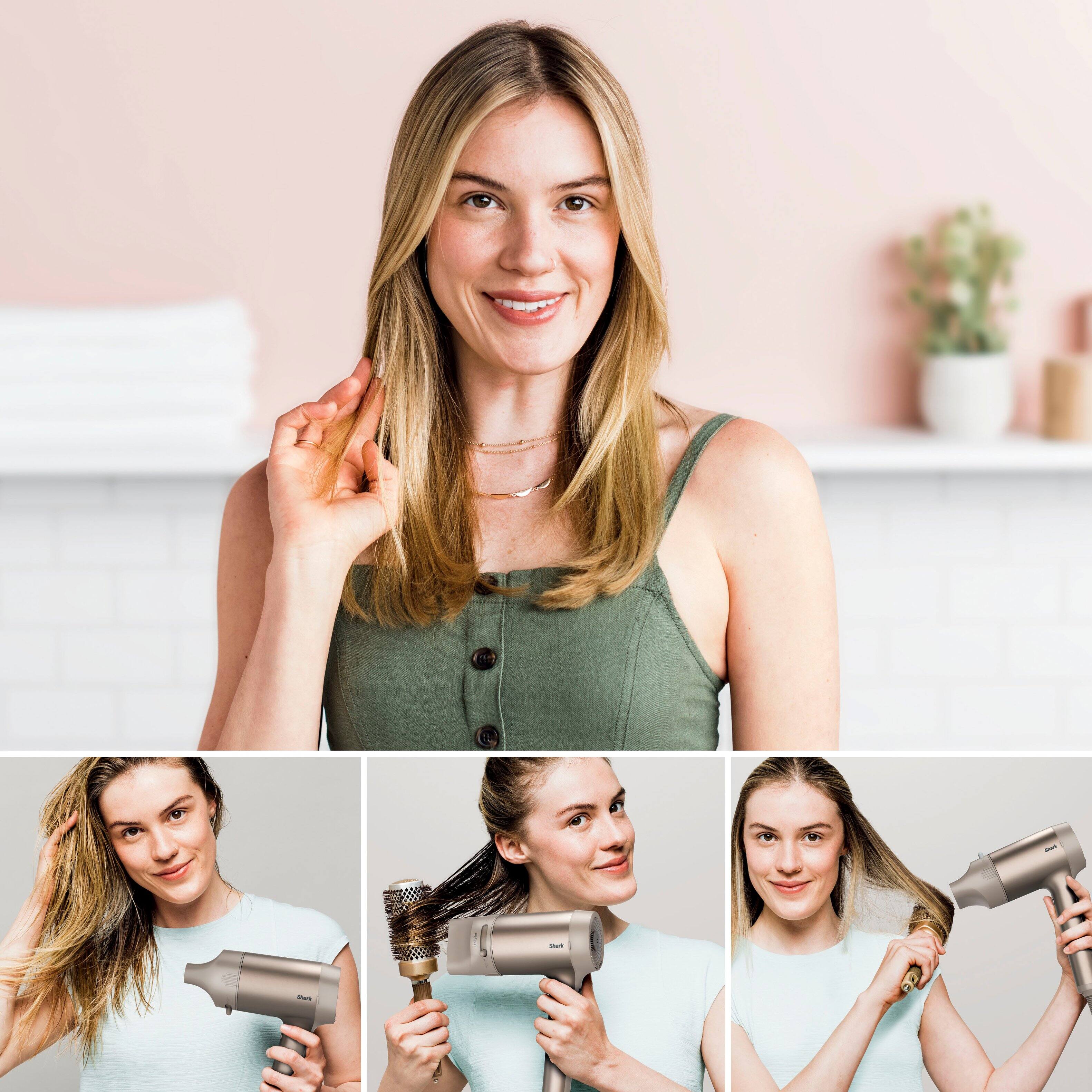The image features a woman with blonde hair, who is using a hair dryer and a hair concentrator on her hair. The hair concentrator is designed to dry and style hair in fewer steps. The woman is smiling and appears to be enjoying the process. The image is a collage of three different shots of the woman using the hair concentrator.