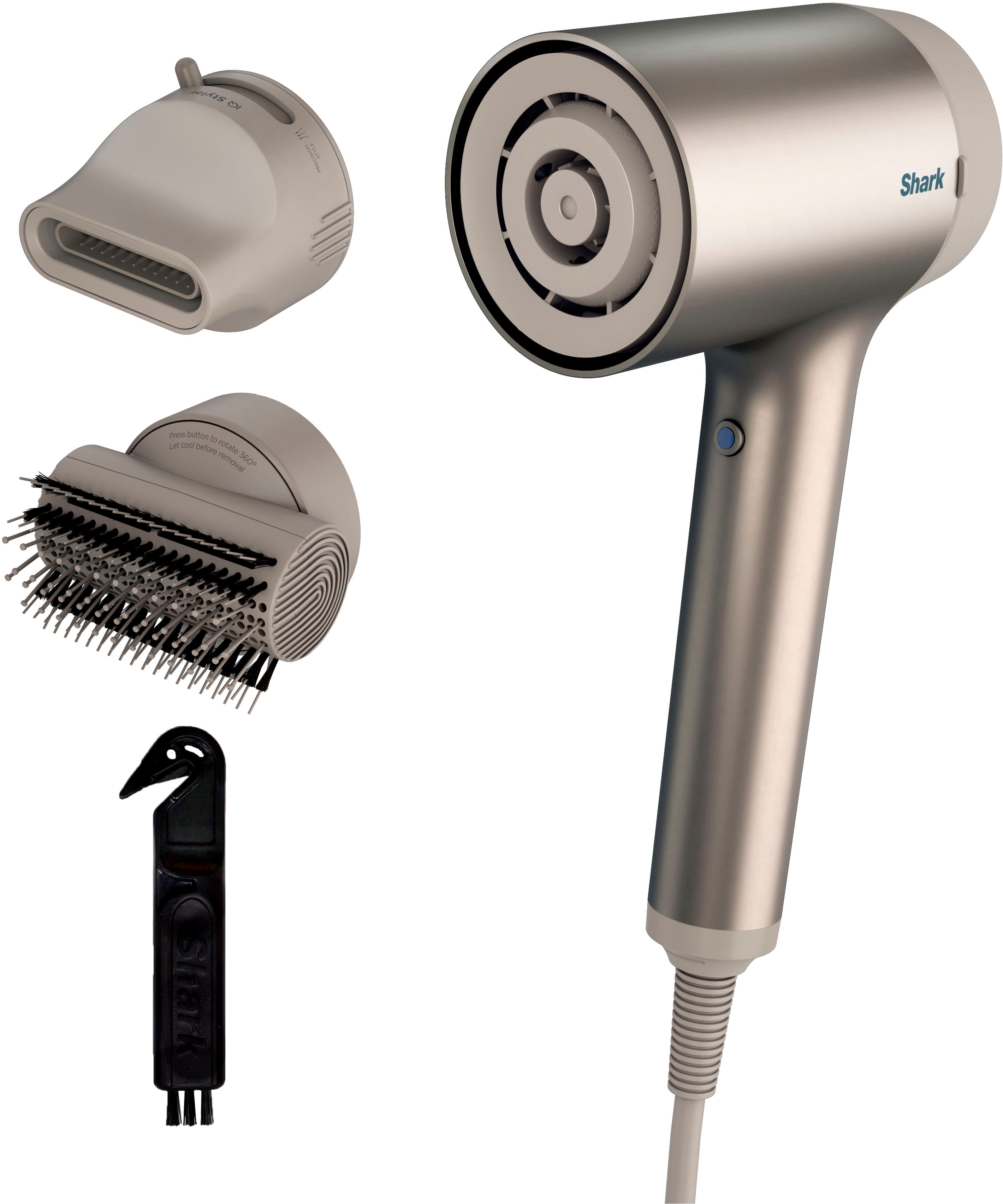 What's in the box:
1. Shark HyperAir Dryer: Dry and shape in fewer steps.
2. IQ 2-in-1 Concentrator: Dry and shape in fewer steps.
3. IQ Styling Brush: Dry, straighten, and shine-all at the same time.
4. Small Cleaning Brush: Cleans dust and debris from hair dryer.