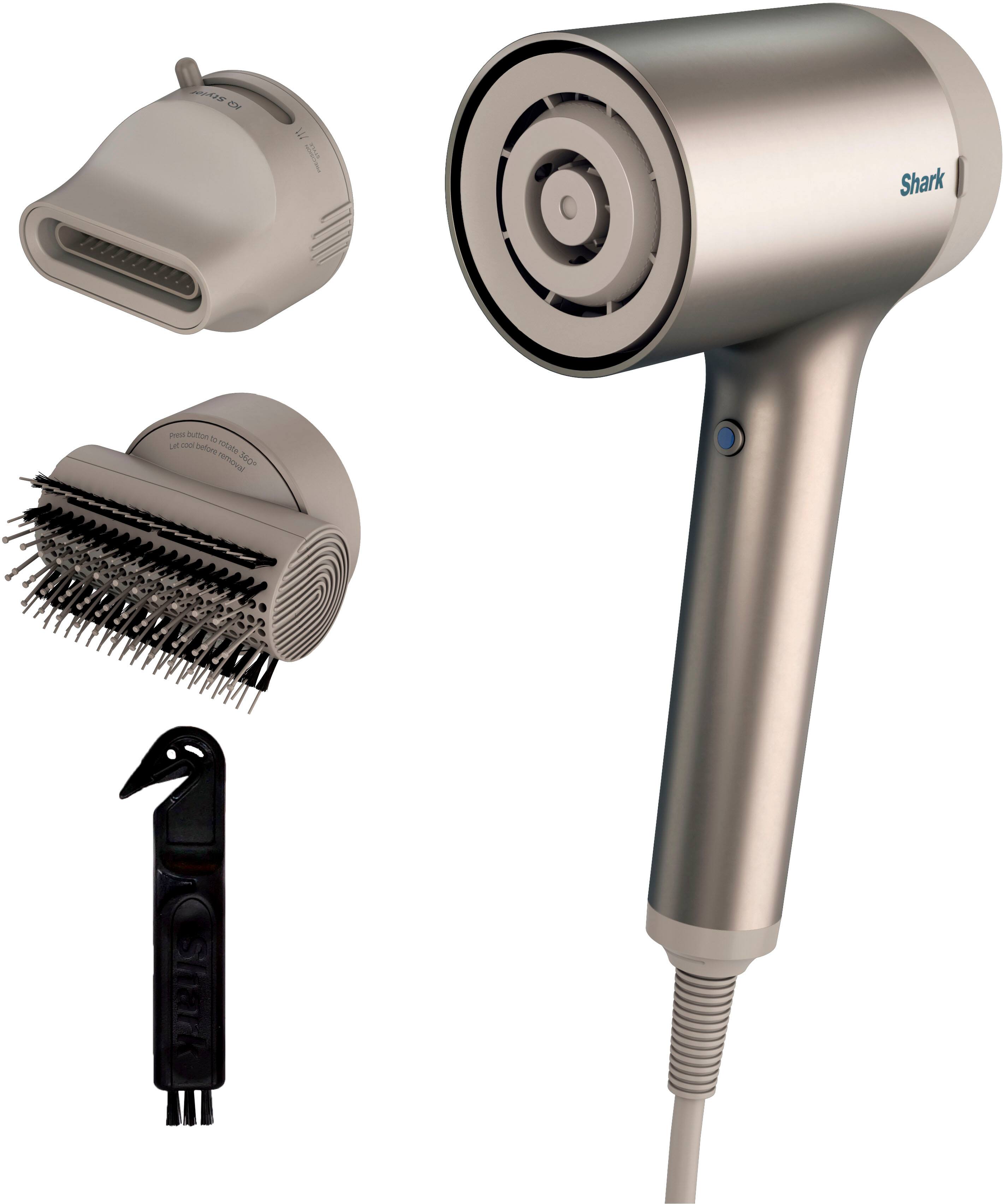 What's in the box:

1. Shark HyperAir Dryer: Dry and shape in fewer steps.
2. IQ 2-in-1 Concentrator: Dry and shape in fewer steps.
3. IQ Styling Brush: Dry, straighten, and shine-all at the same time.
4. Small Cleaning Brush: Cleans dust and debris from hair dryer.
