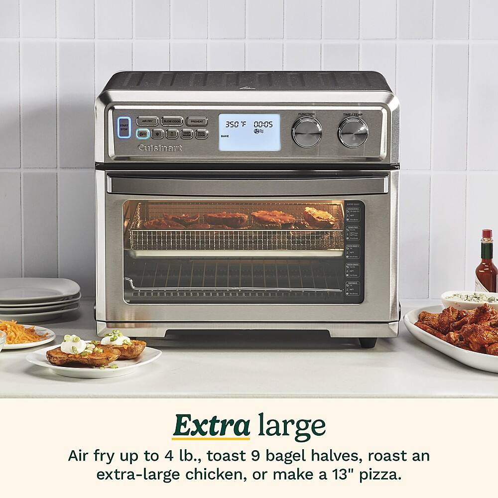 The text on the image reads: "Cuisinart Extra Large Air Fry up to 4 lb., toast 9 bagel halves, roast an extra-large chicken, or make a 13" pizza."