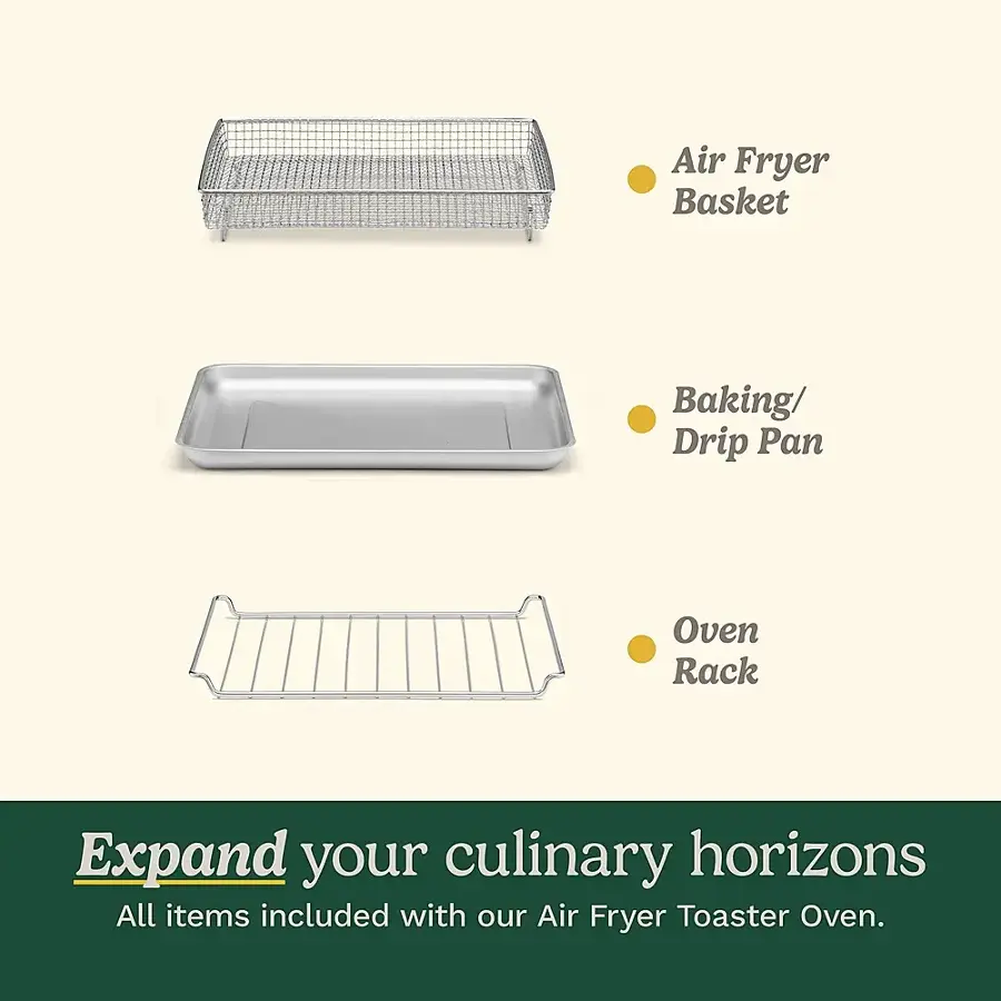 Expand your culinary horizons with our Air Fryer Toaster Oven. All items included: Air Fryer Basket, Baking/Drip Pan, and Oven Rack.