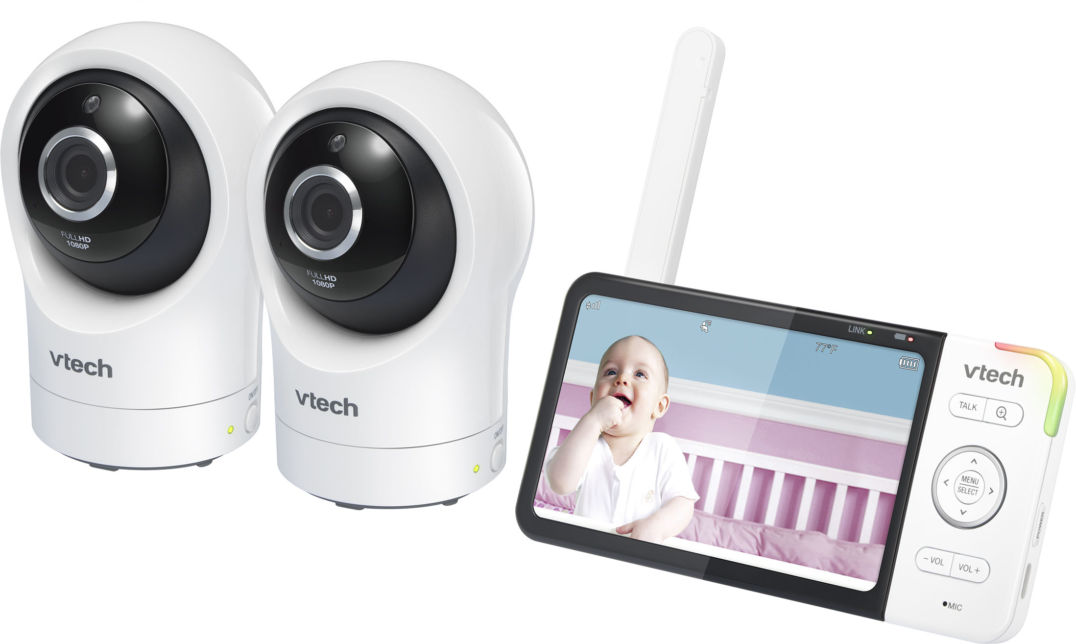 Angle View: VTech RM5764-2HD 1080p Smart WiFi Remote Access 2 Camera BabyMonitor, 360 Pan & Tilt, 5" 720p HD Display, Night Vision, Soothing Sounds, 2-Way Talk, Temperature & Motion Detection, iOS & Android