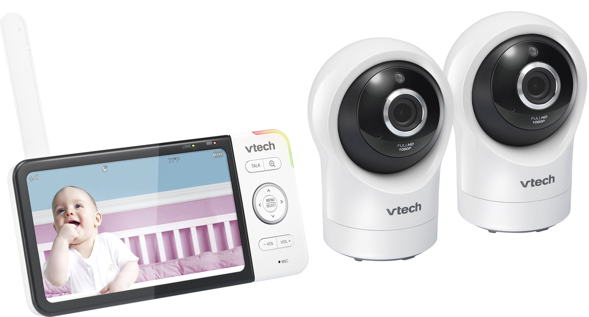 Left View: VTech RM5764-2HD 1080p Smart WiFi Remote Access 2 Camera BabyMonitor, 360 Pan & Tilt, 5" 720p HD Display, Night Vision, Soothing Sounds, 2-Way Talk, Temperature & Motion Detection, iOS & Android