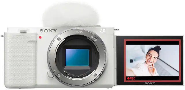 Front. Sony - Alpha ZV-E10 Mirrorless Vlog Camera - Body Only - White.