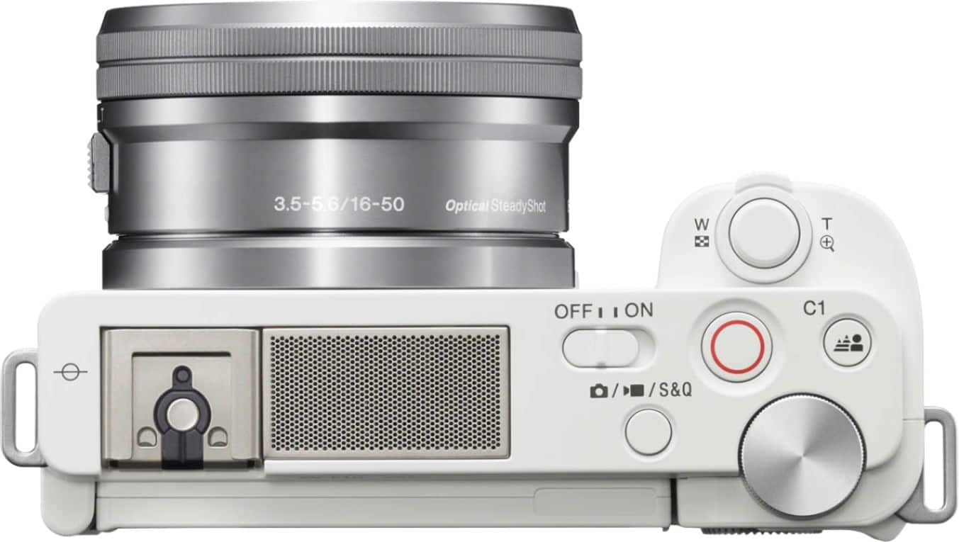 Top. Sony - Alpha ZV-E10 Kit Mirrorless Vlog Camera with 16-50mm Lens - White.