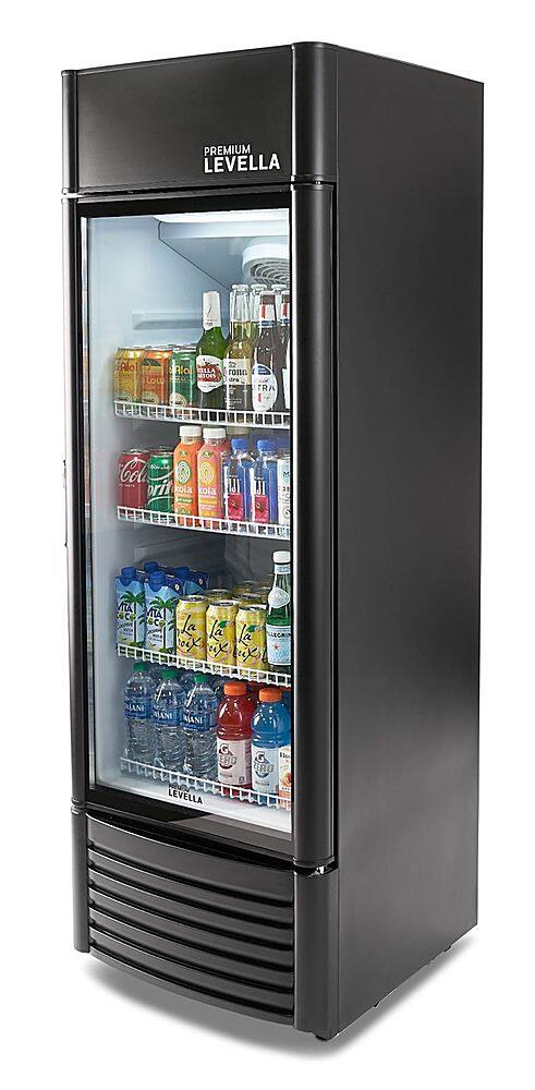 Angle. Premium Levella - 9 cu. ft. 1-Door Commercial Merchandiser Refrigerator Glass-Door Beverage Display Cooler - Black.