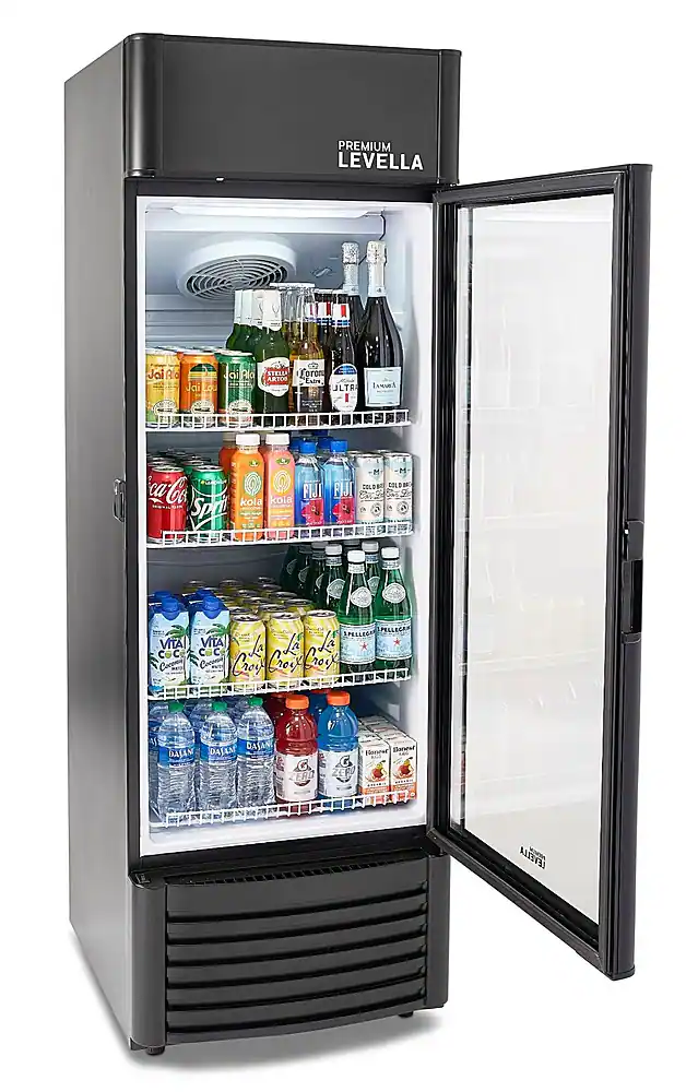 Left. Premium Levella - 9 cu. ft. 1-Door Commercial Merchandiser Refrigerator Glass-Door Beverage Display Cooler - Black.