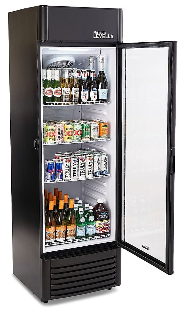 Angle. Premium Levella - 12.5 cu. ft. 1-Door Commercial Merchandiser Refrigerator Glass-Door Beverage Display Cooler - Black.