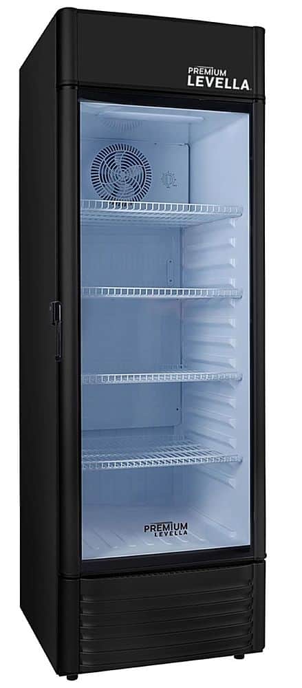 Angle. Premium Levella - 15.5 cu. ft. 1-Door Commercial Merchandiser Refrigerator Glass-Door Beverage Display Cooler - Black.