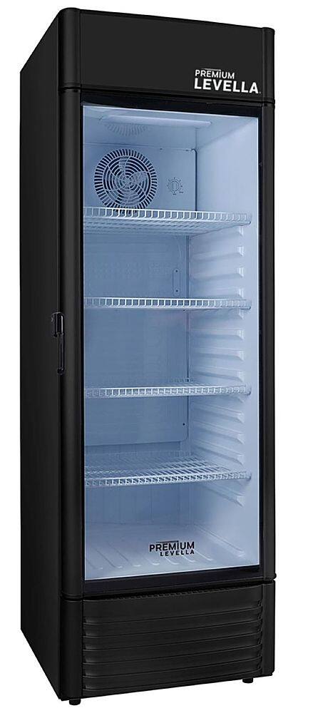 Angle. Premium Levella - 15.5 cu. ft. 1-Door Commercial Merchandiser Refrigerator Glass-Door Beverage Display Cooler - Black.