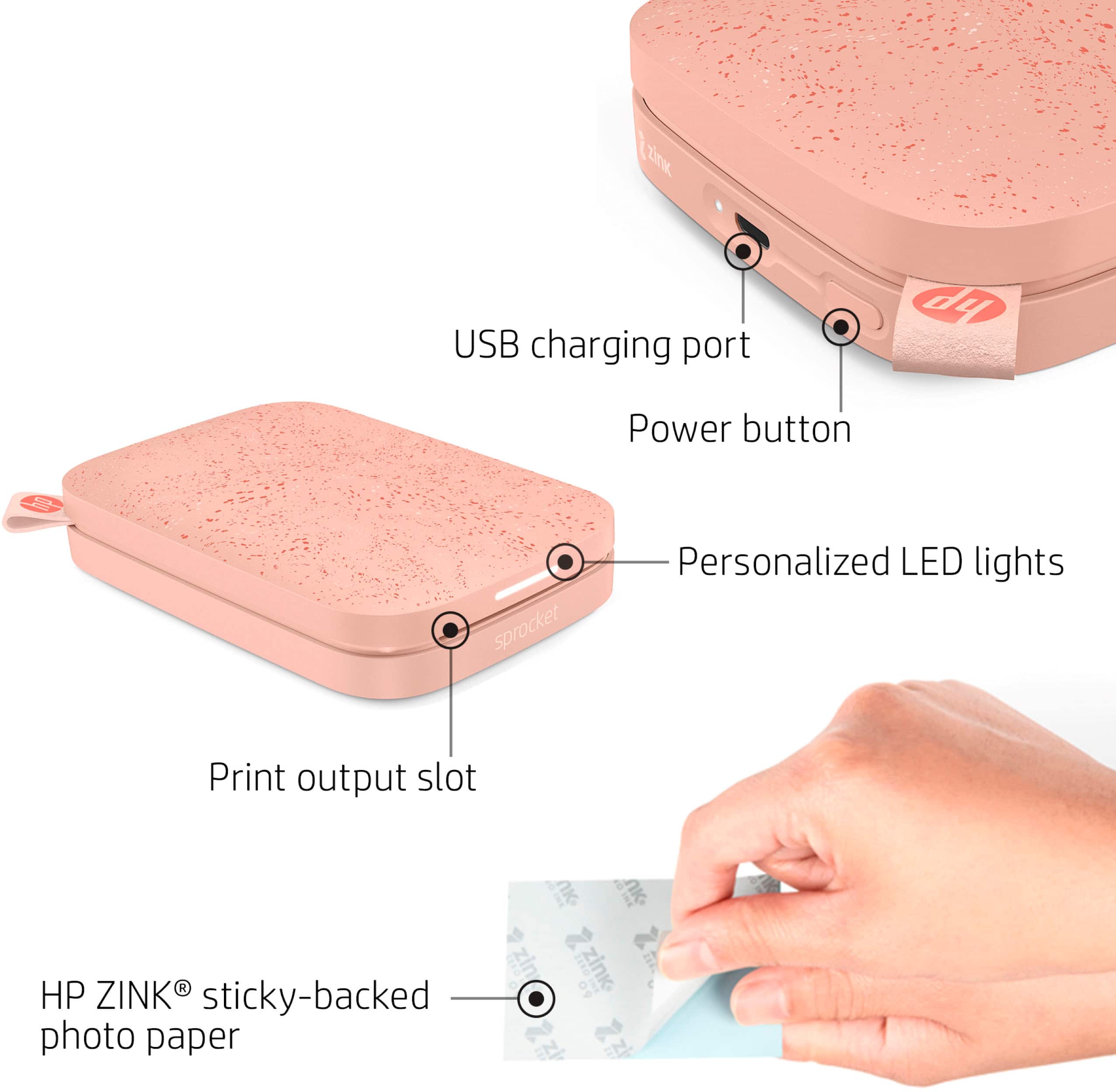 Group 1:
* Zink USB charging port
* Power button
* Personalized LED lights
Group 2:
* Print output slot
* HP ZINK sticky-backed photo paper