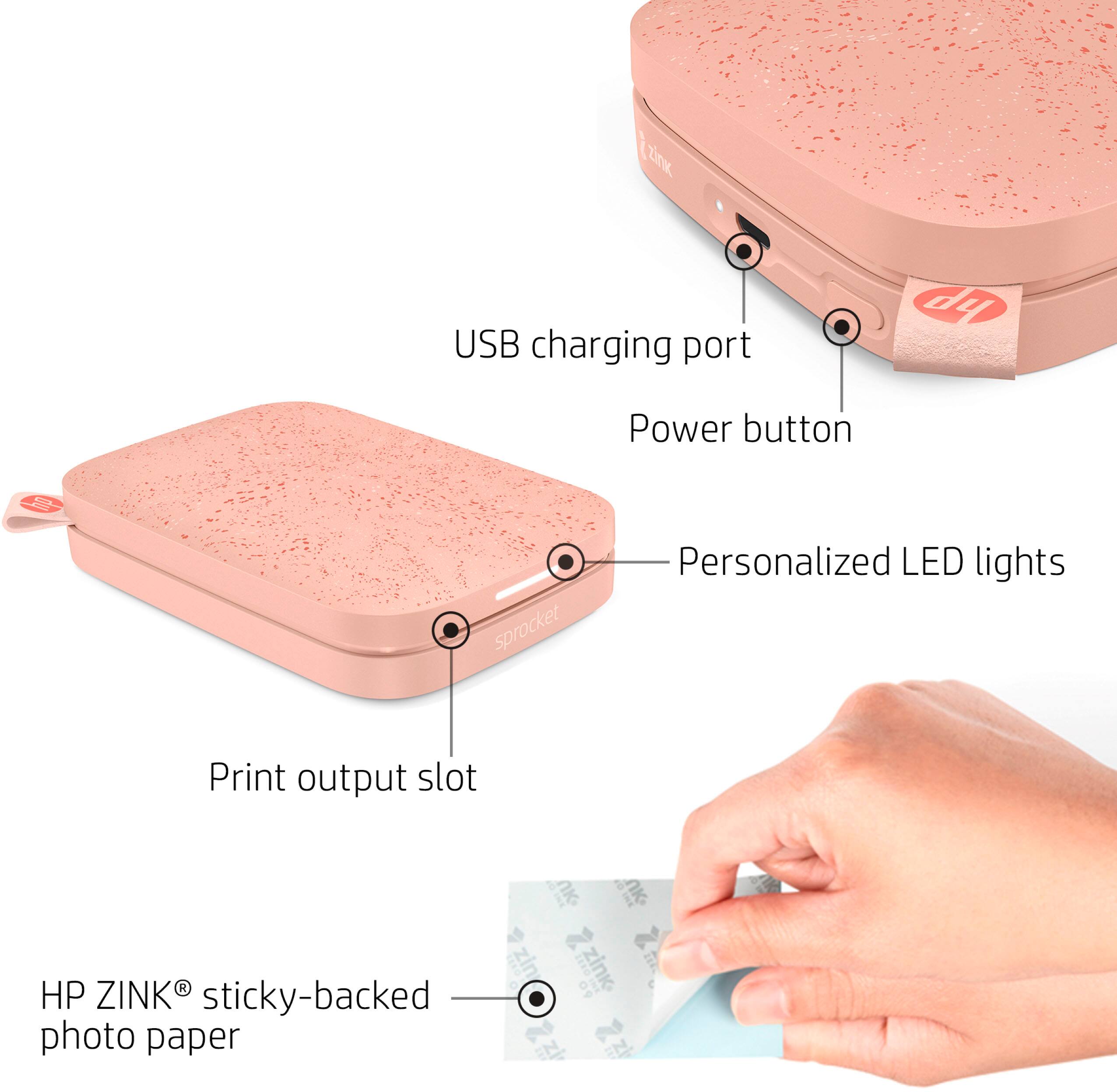 Group 1:

* Zink USB charging port
* Power button
* Personalized LED lights

Group 2:

* Print output slot
* HP ZINK sticky-backed photo paper