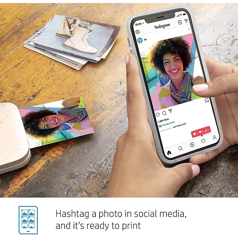 Translation: Hashtag a photo in social media, and it's ready to print.