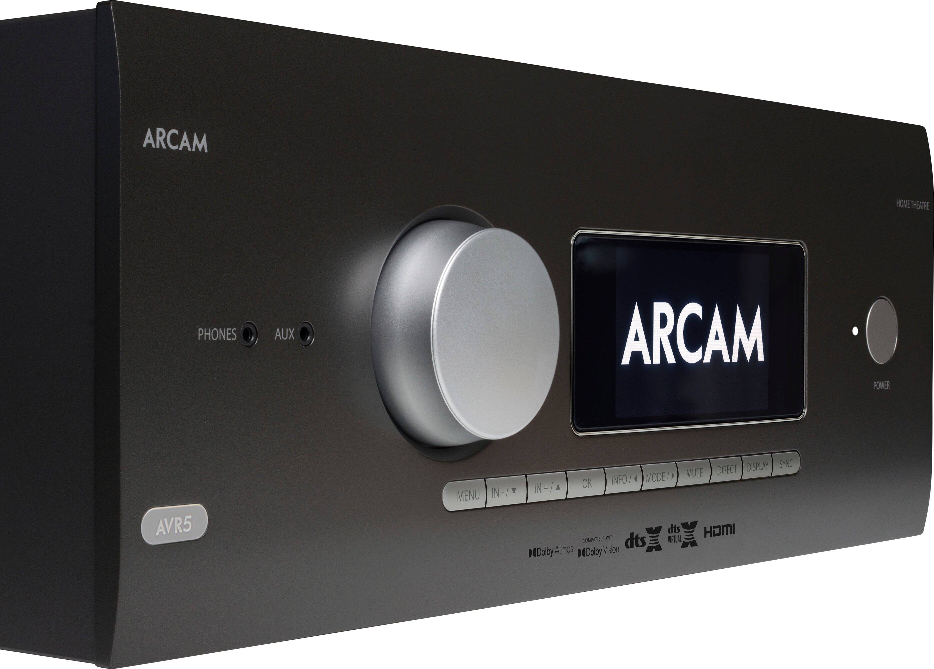 ARCAM HOME THEATRE PHONES AUX ARCAM POWER AVR5 MENU IN DISPLAY STNC MUTE DIRECT INFO MODE IN+/ OUT OK dts HOMI COMPATIBLE - dts dts HD Master Audio Dolby Atmos Dolby Vision