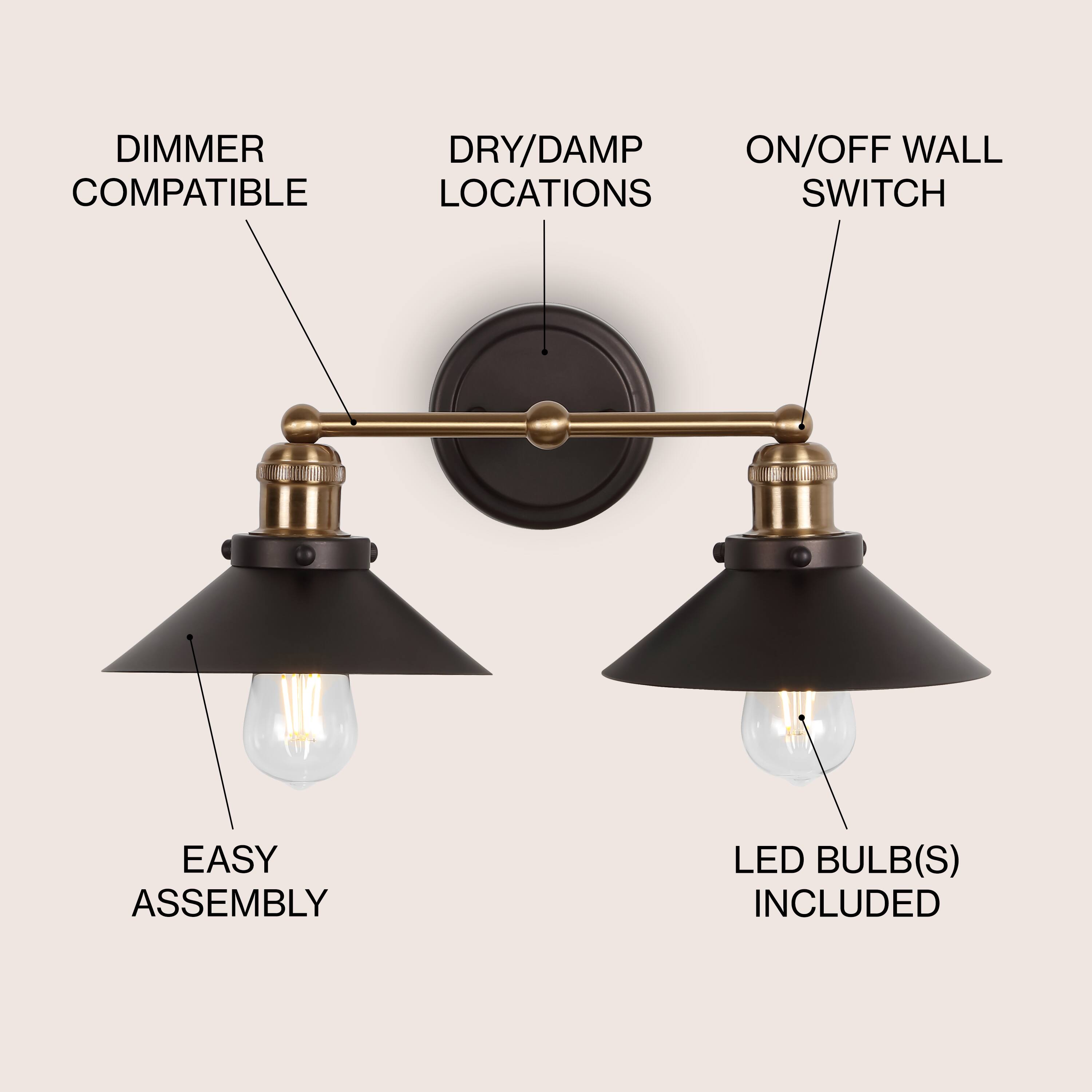 DIMMER COMPATIBLE  
DRY/DAMP LOCATIONS  
ON/OFF WALL SWITCH  
EASY ASSEMBLY  
LED BULB(S) INCLUDED